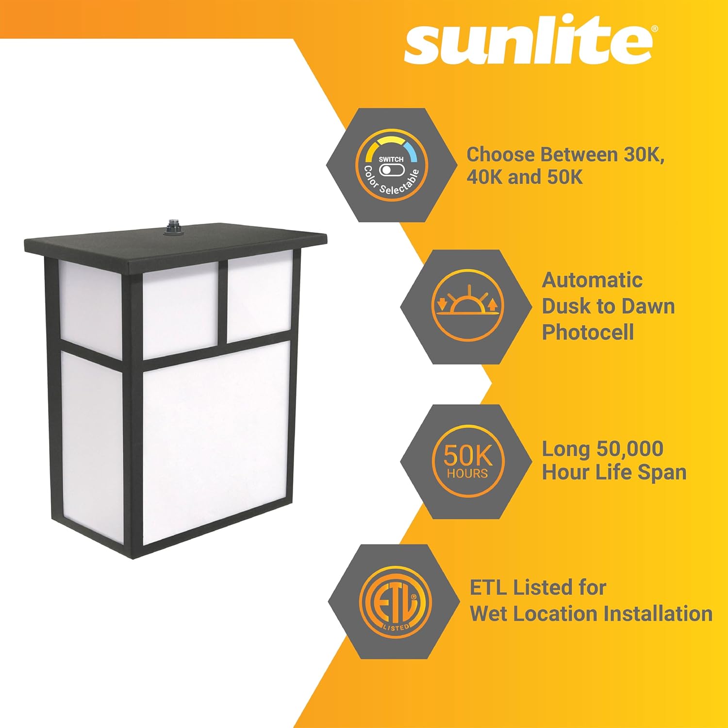 Sunlite 88683 Lámpara LED Mission Style para exteriores, 12 vatios (75 W  ), 800 LMN, fotocélula incorporada, acabado negro, lente blanca opaca,