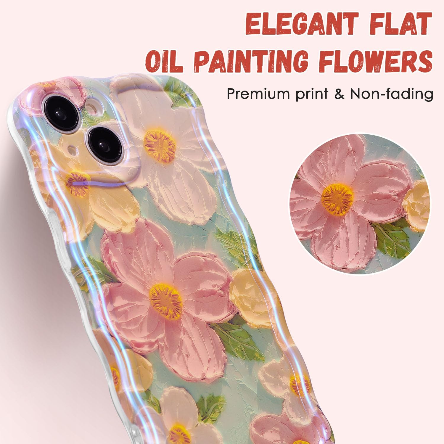 QLTYPRI Funda para iPhone 13, colorido láser retro pintura al óleo patrón de flores, lindo marco de onda rizada, exquisita funda para teléfono para