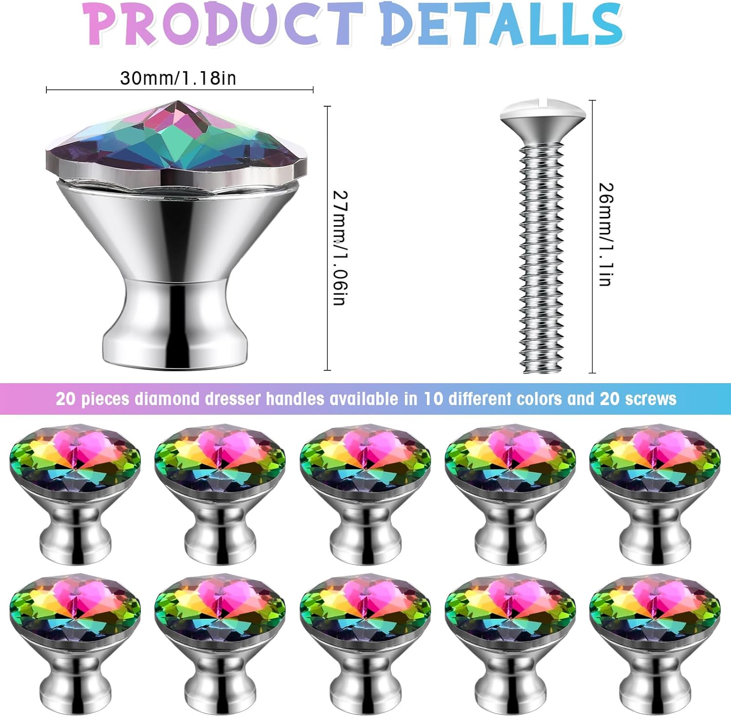 Jetec 20 pomos de cristal de cristal para armarios de 1.18 pulgadas (1.181 in), pomos coloridos para cajones (estilo colorido y elegante)