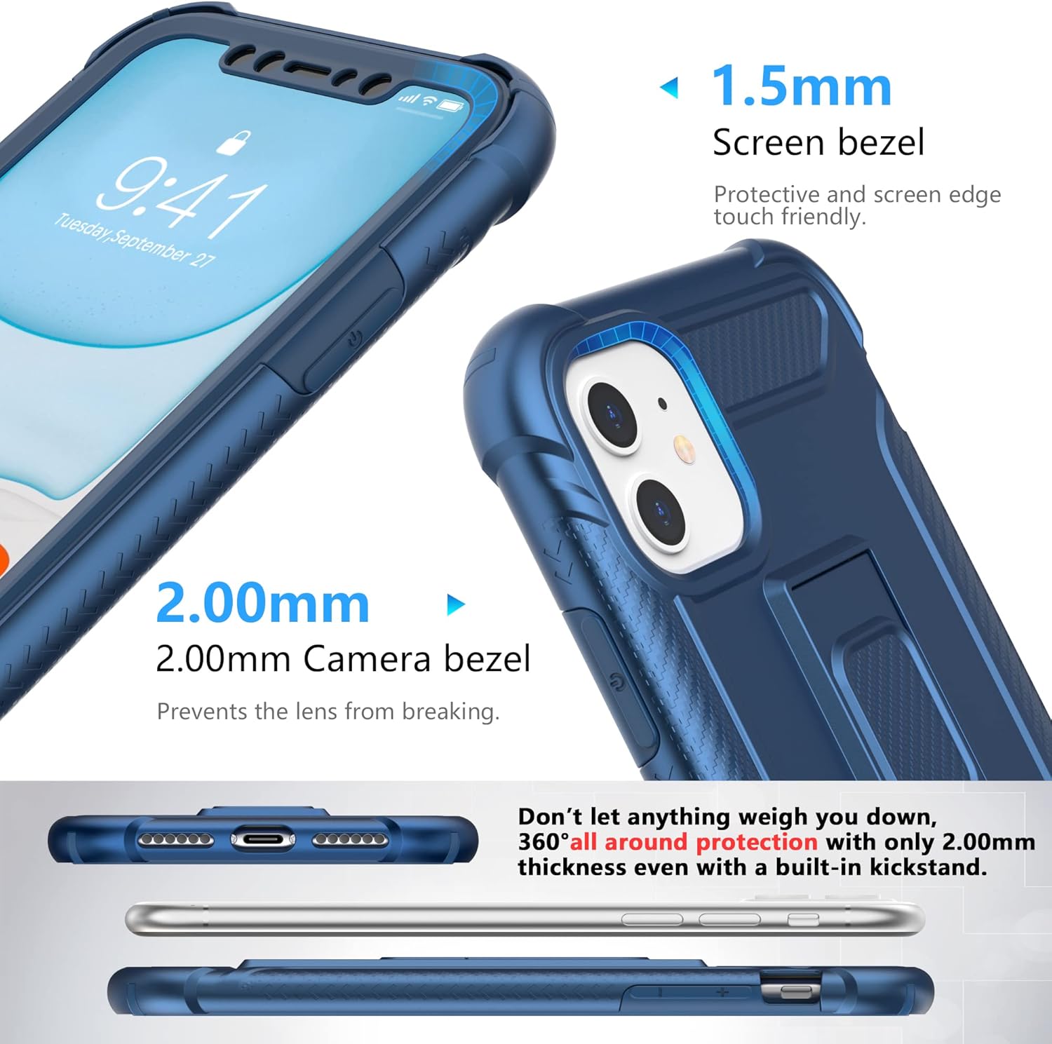 ORETech Funda diseñada para iPhone 11, con 2 protectores de pantalla de vidrio templado Soporte integrado cuerpo completo a prueba de golpes de