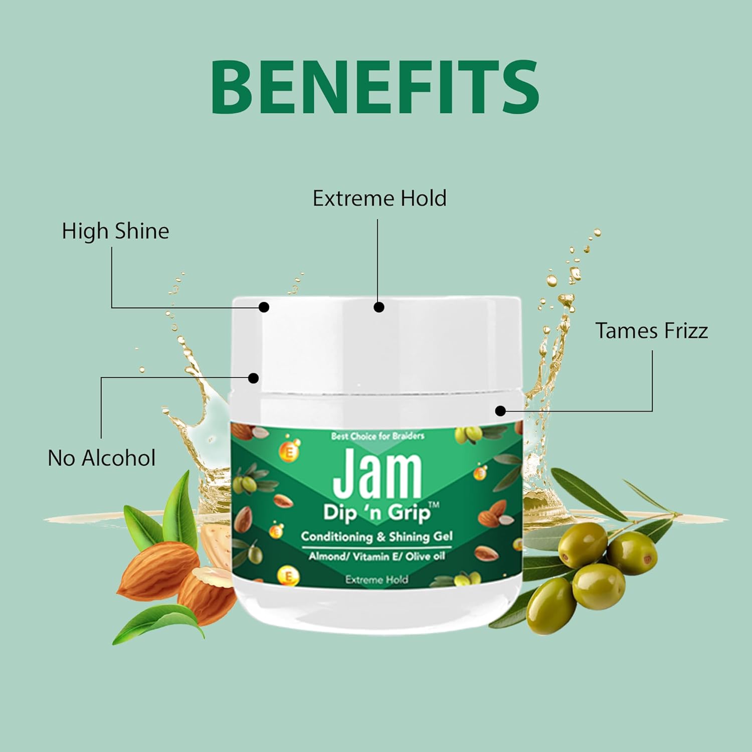 Gel para el cabello con aceite de almendra y vitamina E, agarre extremo y poder de peinado en una maravilla de 4 onzas