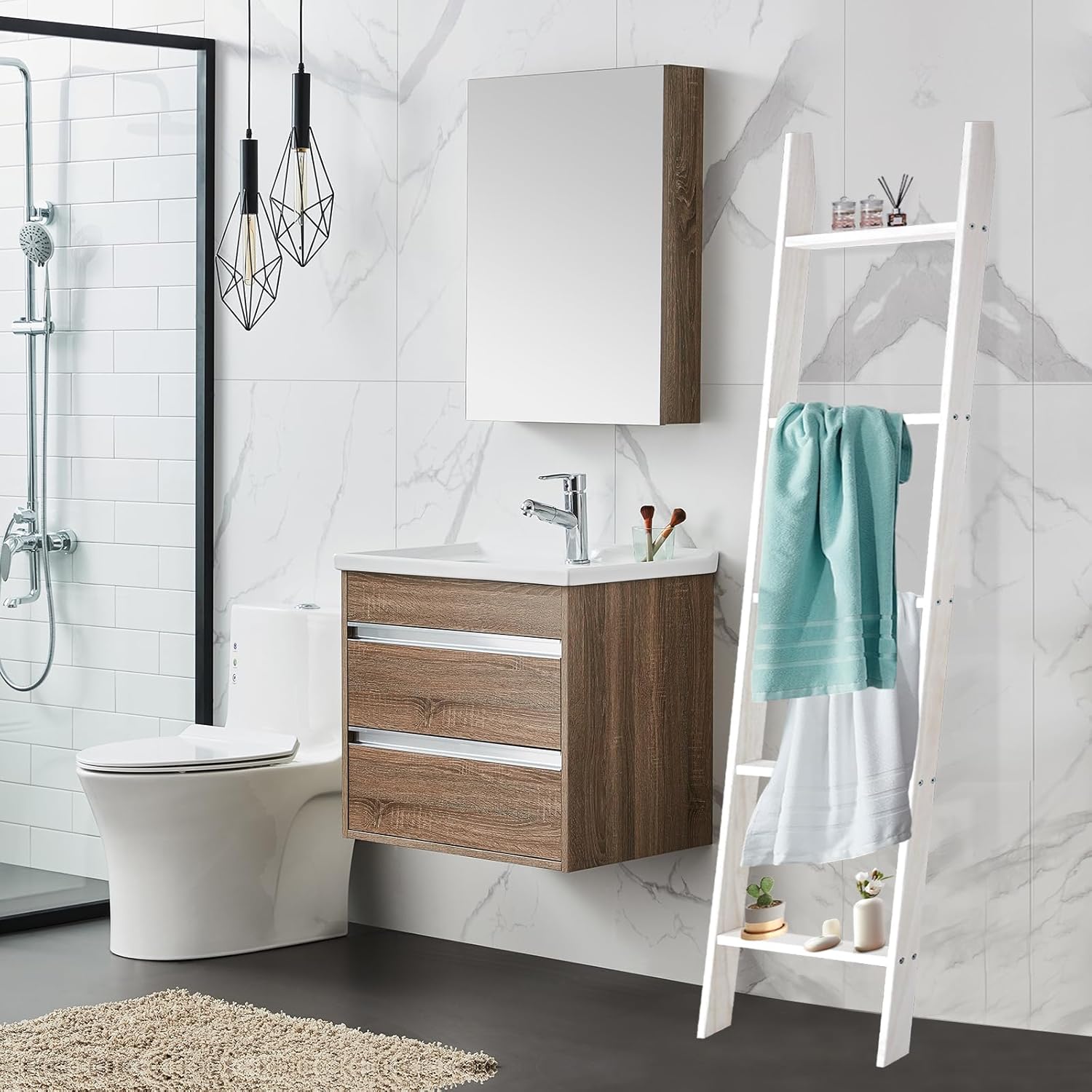 Ecomex Escalera para mantas, escalera para toallas, estante de madera para mantas, estante de manta de 5 niveles decorativo de pared inclinado para