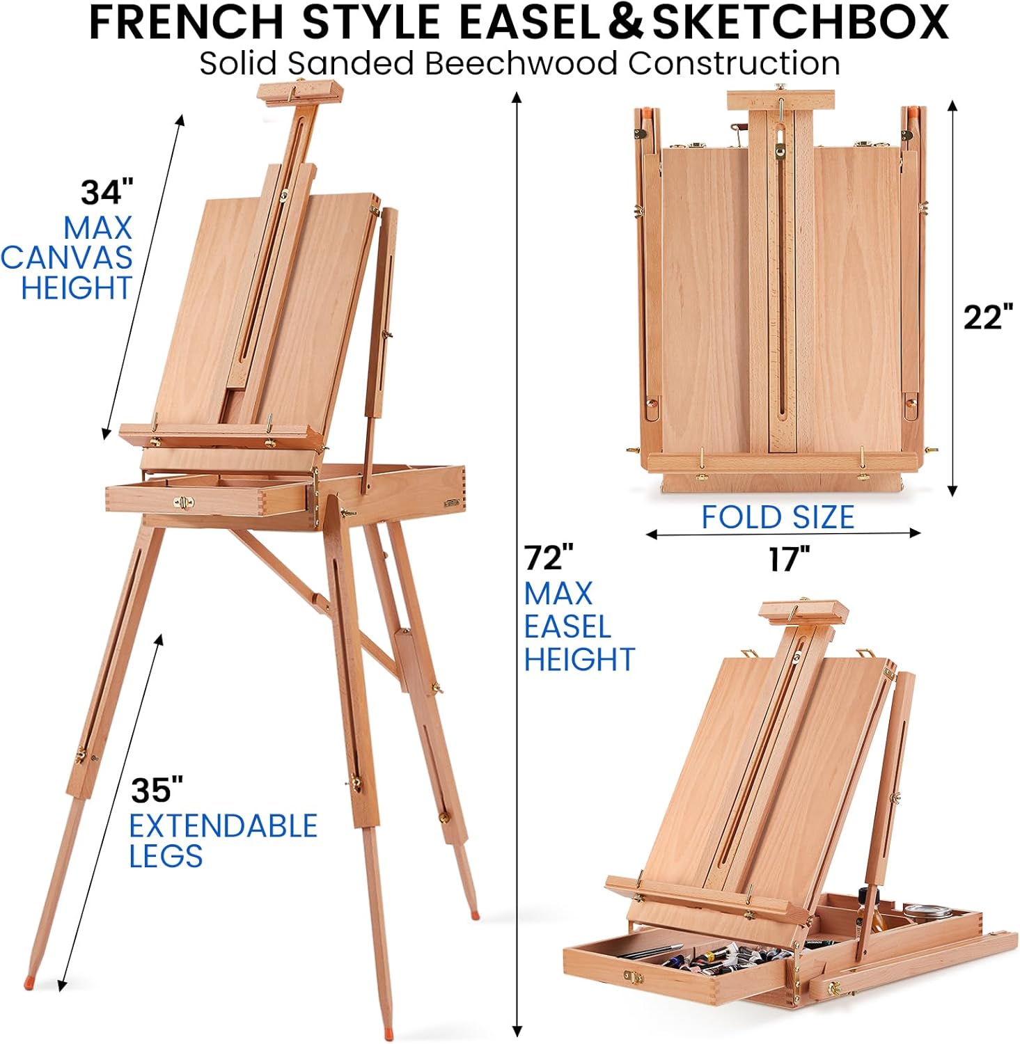 MERRIY Kit de pintura artística de 155 piezas con caballete francés, pinturas acrílicas de 48 colores, pinturas al óleo de 24 colores, pinturas de