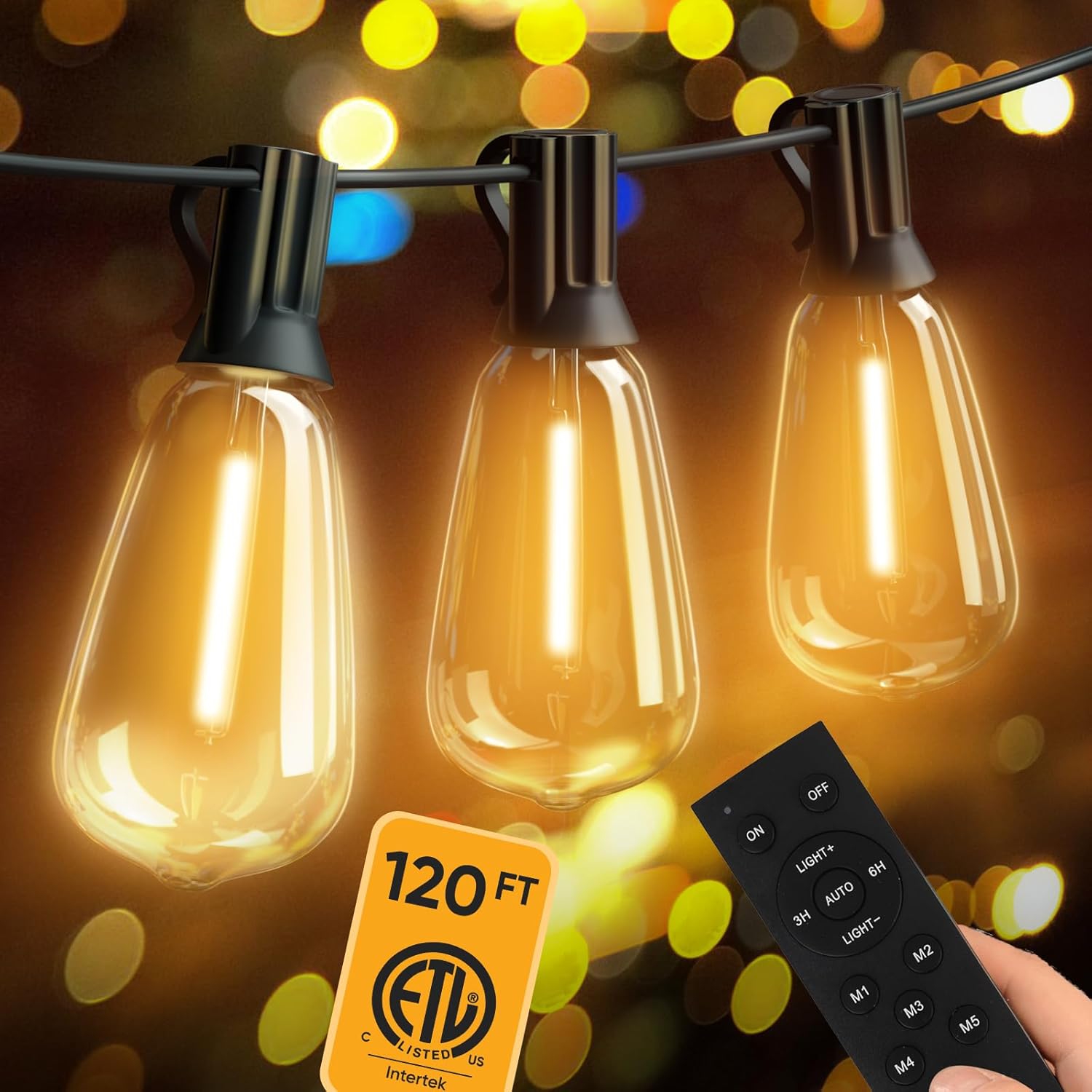 CINOTON Tira de luces LED para exteriores de 120 pies con control remoto, 60+2 bombillas Edison inastillables, bajo voltaje de 24 V, luces