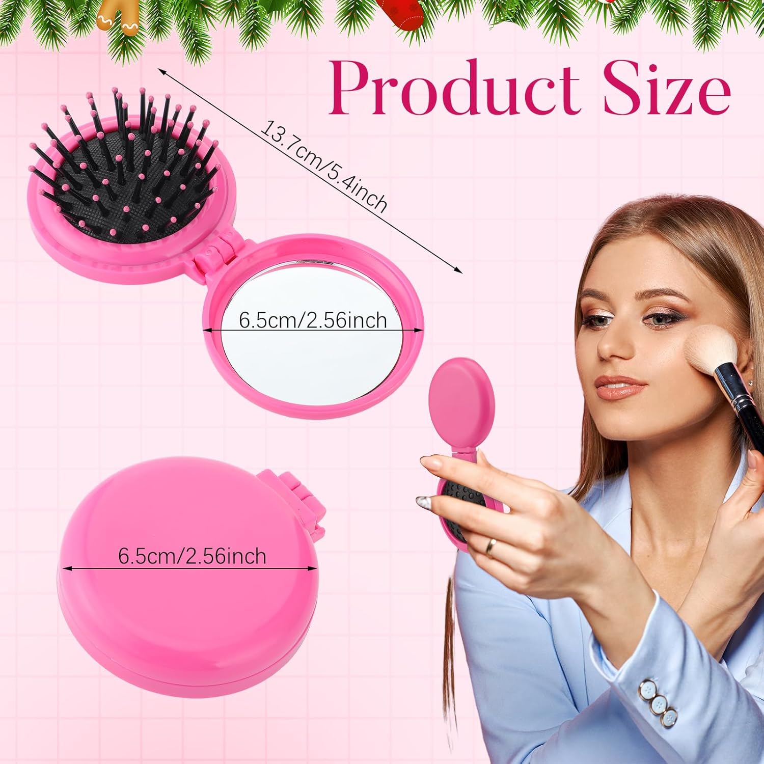 Barydat 50 piezas de calcetines de Navidad, cepillo plegable para el cabello con espejo, cepillo de pelo pequeño portátil a granel, mini peines