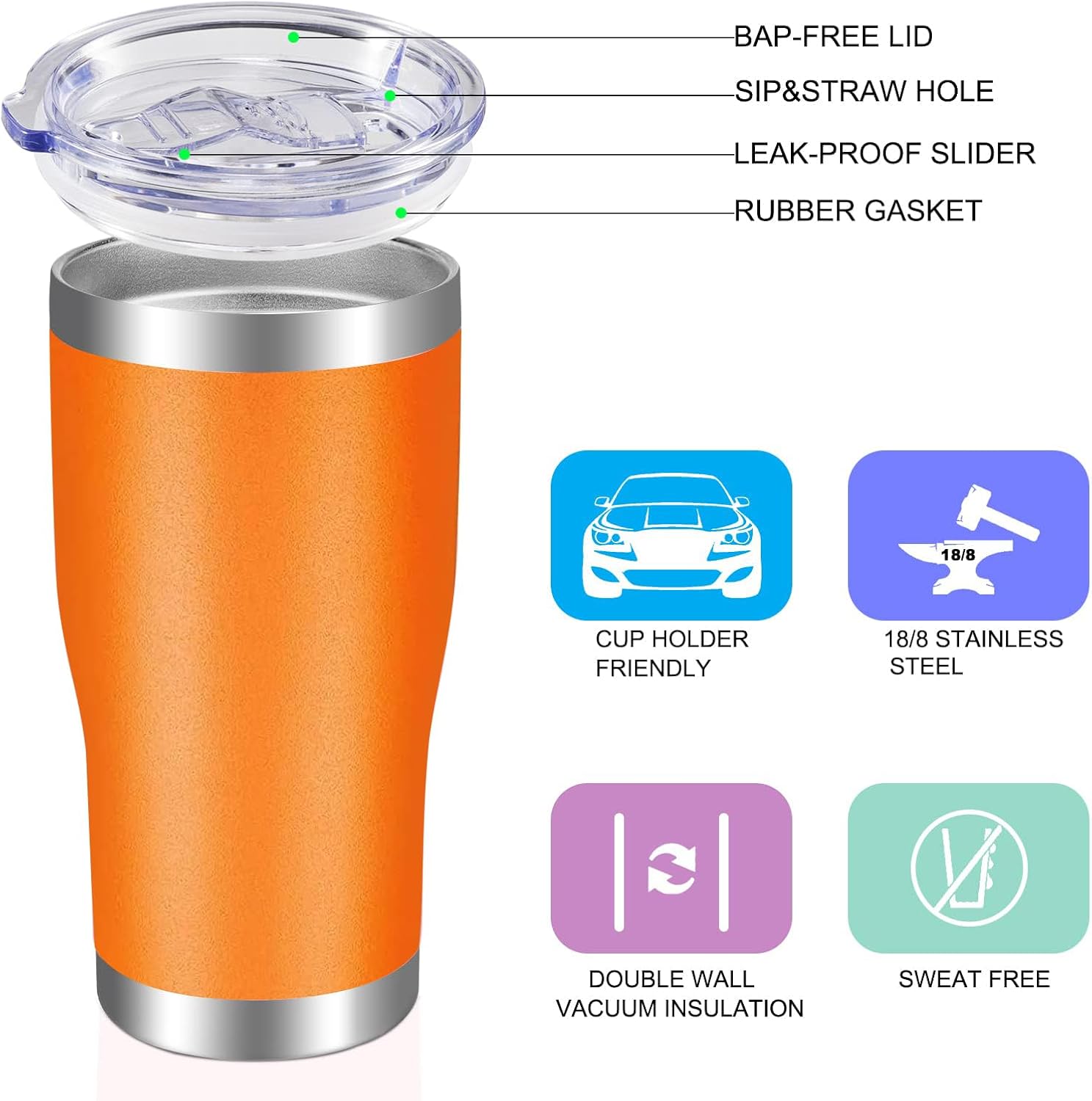 VEGOND Vaso de acero inoxidable de 20 onzas con tapa y popote aislado al vacío, taza de café de viaje de doble pared (paquete 12 naranja)