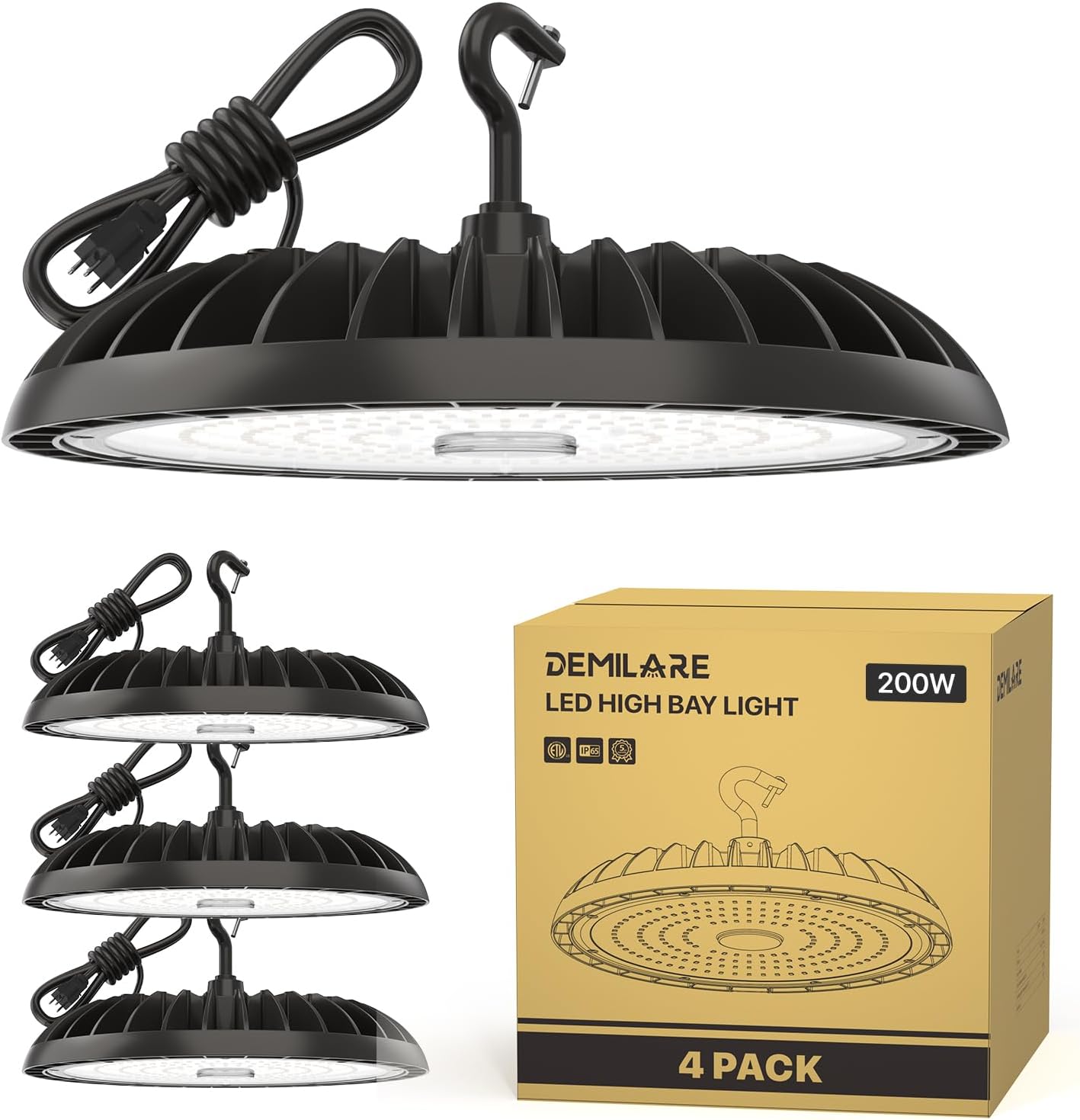 Paquete de 4 luces LED de alta bahía de 200 W, 30000 lm, 5000 K UFO High Bay Led Shop Lights ETL Listed US Hook 5′ Cable Plug, 800W MHHPS Eqv.