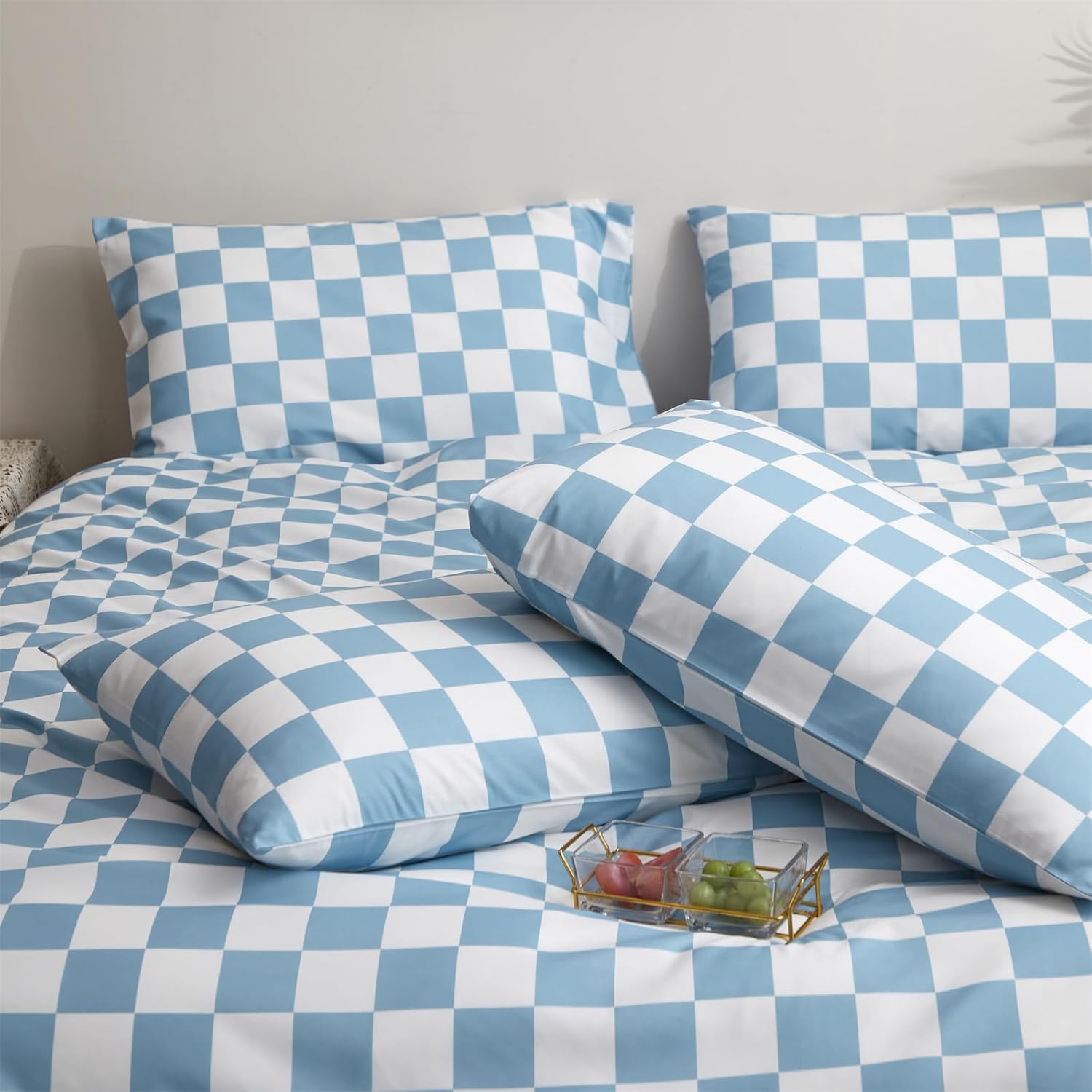 Juego de edredón de cuadrícula azul y blanco, juego de ropa de cama a cuadros azules y blancos para niñas, juego de edredón transpirable para niños,