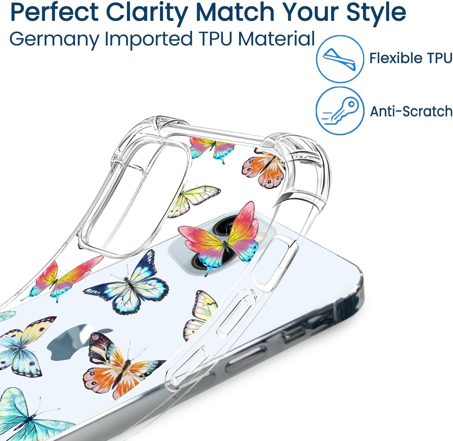 Hi Space Funda para iPhone 15 Plus de 6.7 pulgadas 2023, fundas con patrón de mariposa transparente para iPhone 15 Plus para mujeres y niñas, funda