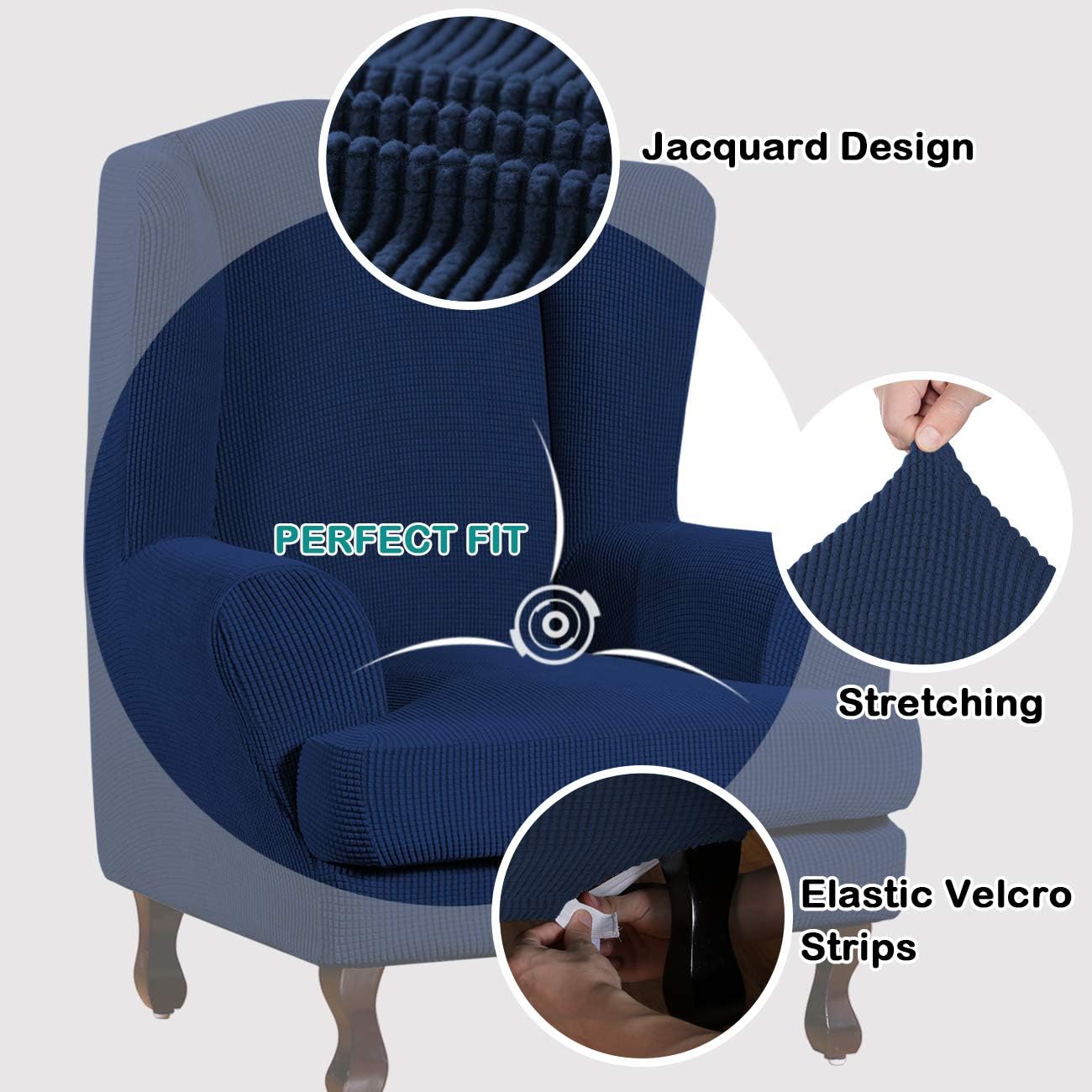 Turquoize Fundas para silla Wingback, fundas elásticas para sillas de respaldo alado, tela jacquard de elastano con parte inferior elástica, funda