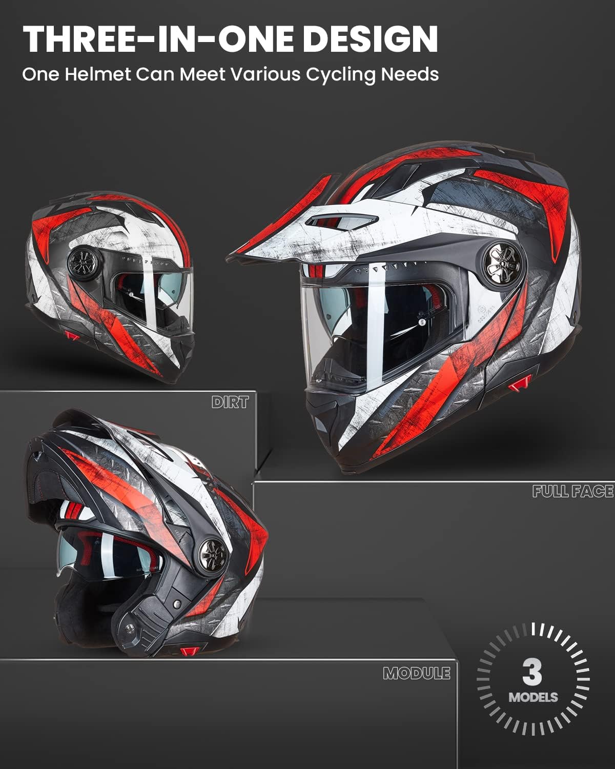 ILM Casco modular de motocicleta de cara completa para ATV, casco de moto de nieve tres en uno, con visera antiniebla Pinlock para hombres y