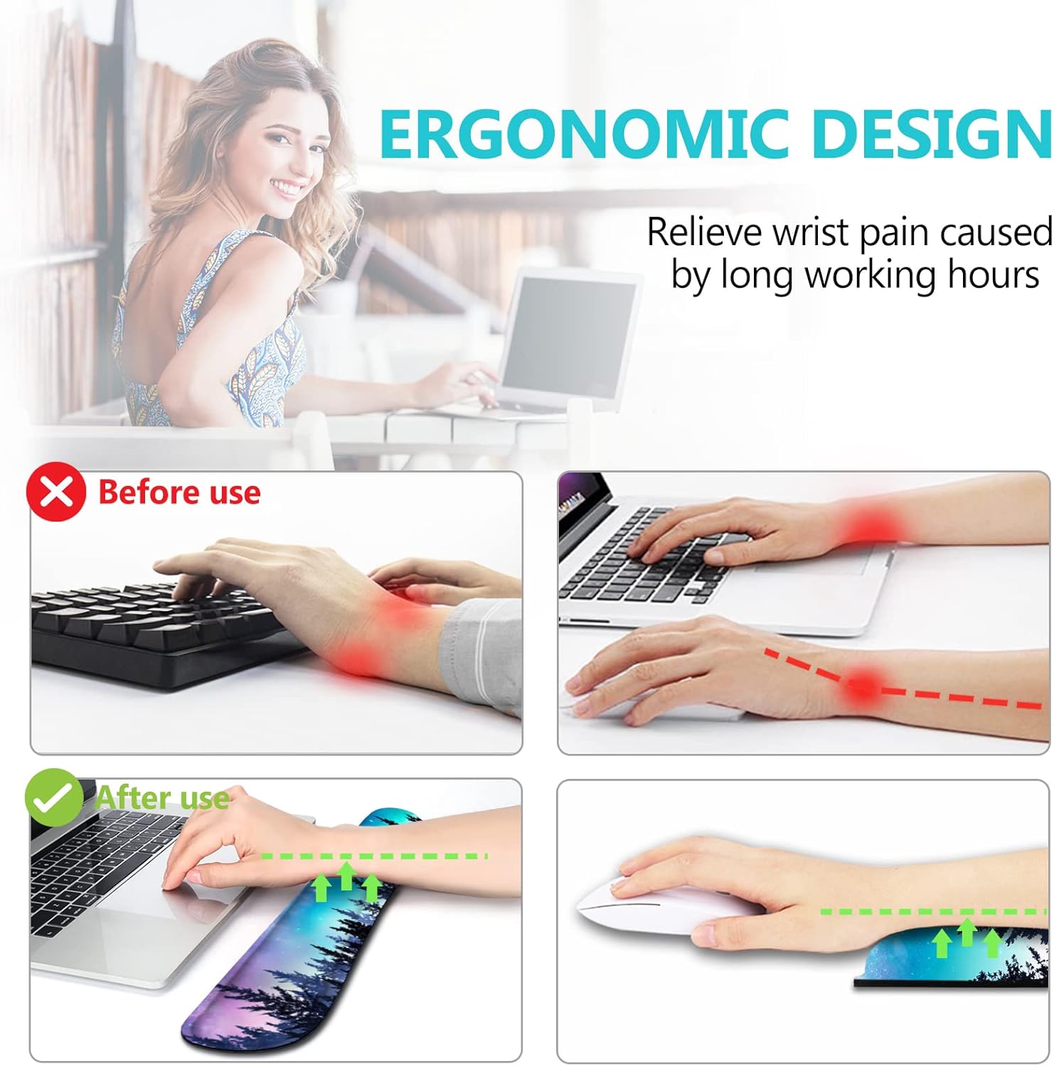 AIMSA Reposamuñecas para teclado + alfombrilla para mouse + reposamuñecas para mouse + posavasos, base de goma antideslizante ergonómica de espuma