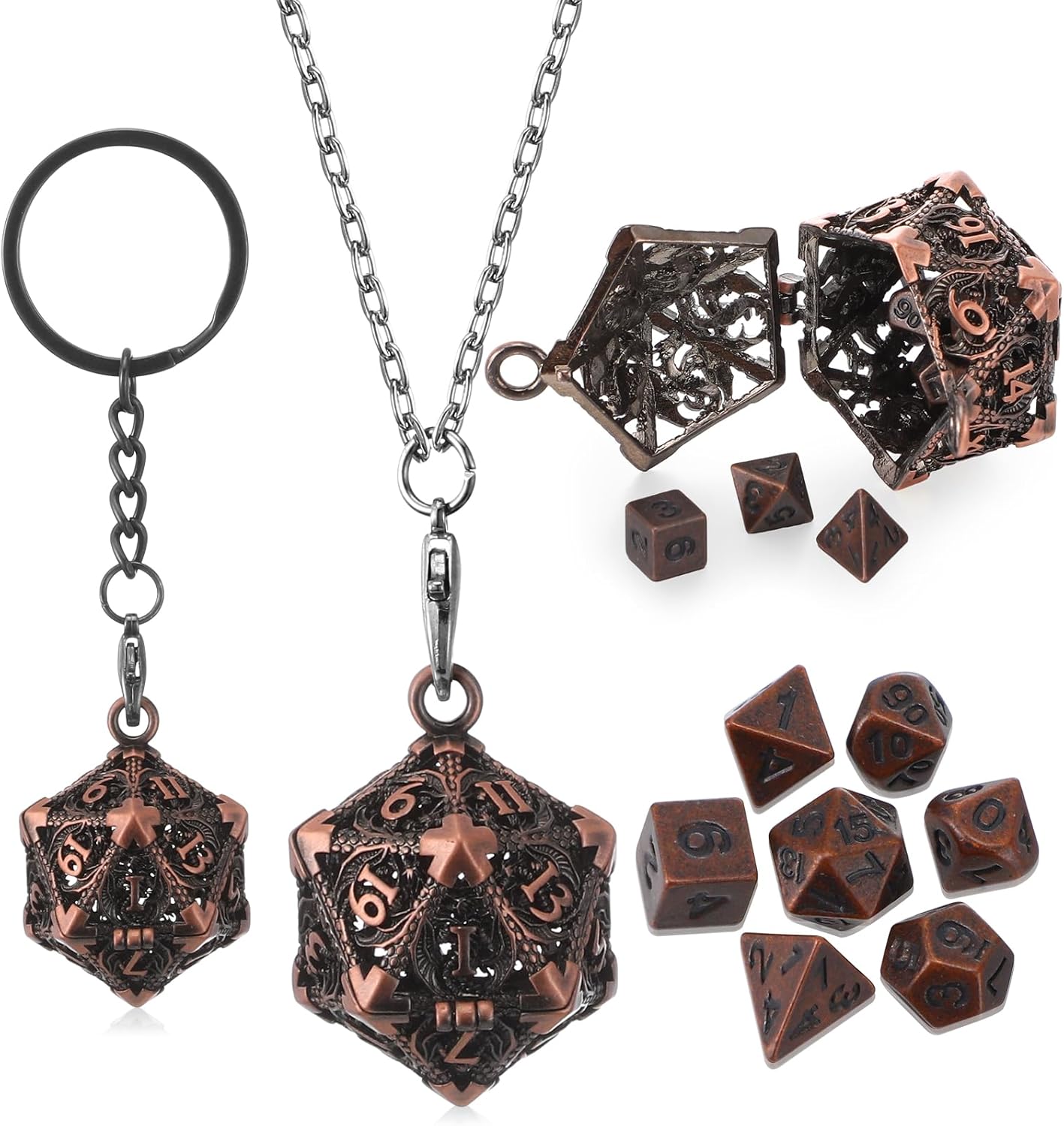 Syhood Juego de dados pequeños, 7 piezas de dados pequeños de metal, collar hueco D20, estuche de dados, llavero, juegos de mesa para juegos de rol,