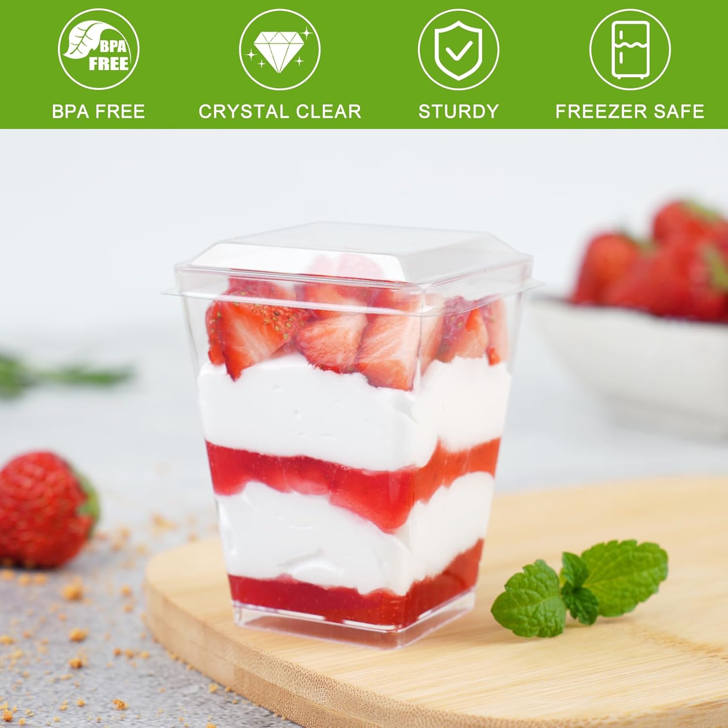 Paquete de 100 vasos cuadrados de plástico transparente de 5 onzas con tapas y cucharas, mini vasos para servir para fiesta de degustación, postres,