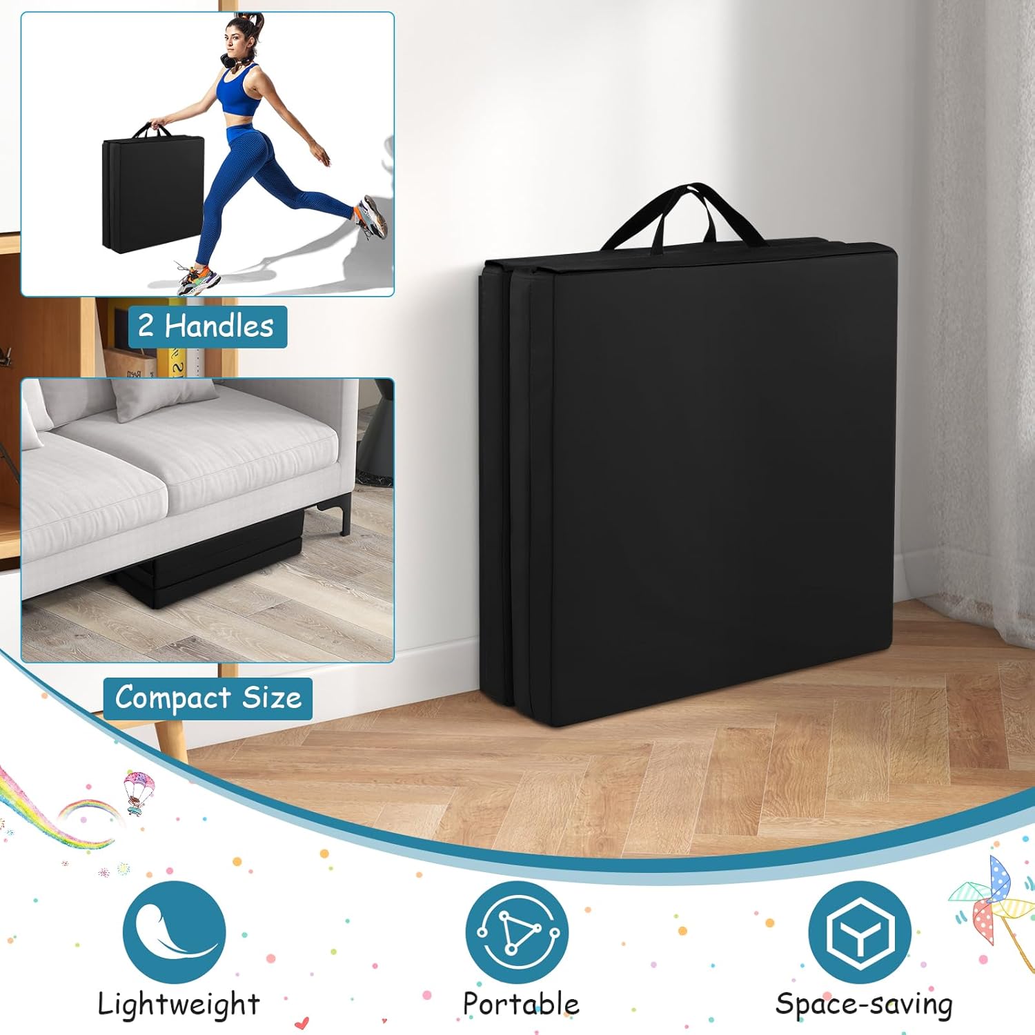 Giantex Colchoneta de gimnasia de 6 x 2 pies, tapete plegable de 2 pulgadas de grosor con cierre de gancho y bucle, tapete de gimnasio plegable con