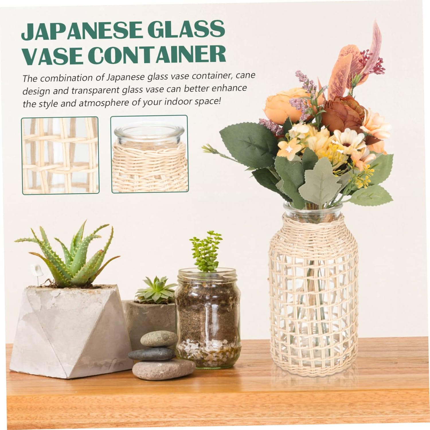 Abaodam Jarrón de cristal de ratán con cuerda, jarrón de arcilla, florero de burbujas, florero de vidrio, florero floral de mimbre para flores,