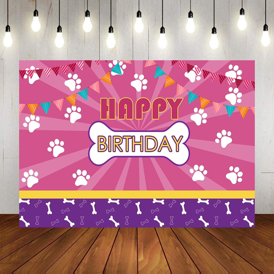 DLA149C – Telón de fondo rosa de cumpleaños con diseño de patas de perro de mascota, para niños, bebés, niñas, feliz cumpleaños, decoración de mesa,