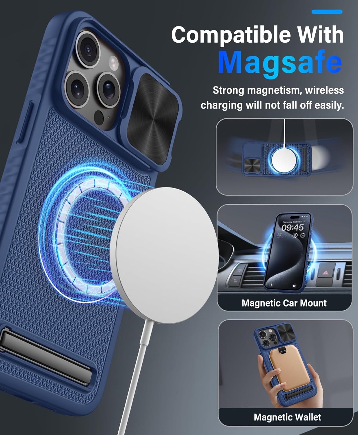 Vihibii Funda magnética fuerte para iPhone 15 Pro Max, compatible con MagSafe, soporte integrado y cubierta de lente deslizante, probada en caídas