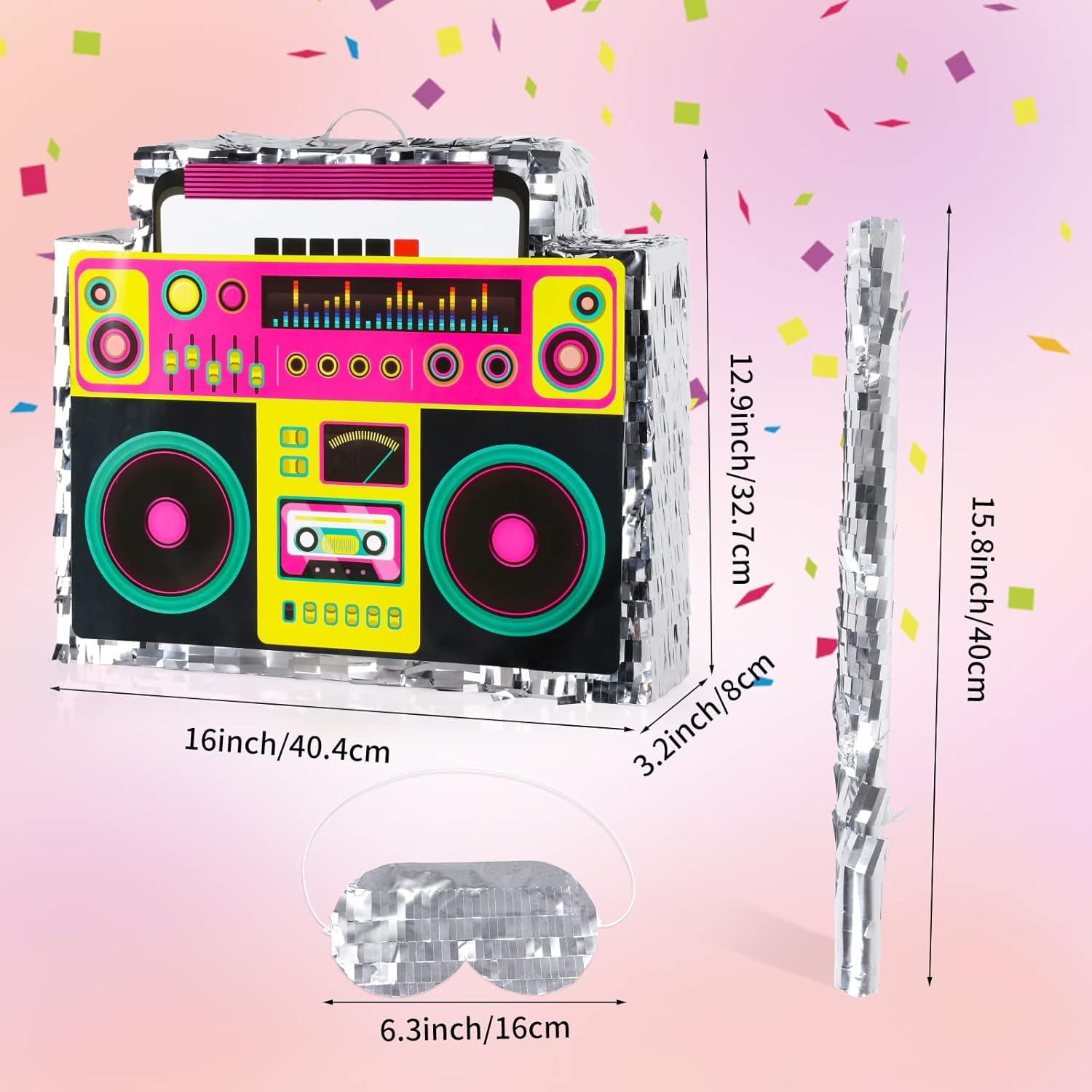 Waenerec Piñata Boombox con palillo de piñata y lazo para colgar, estilo retro de los años 90, hip hop, juego de piñata mexicana para fiesta de