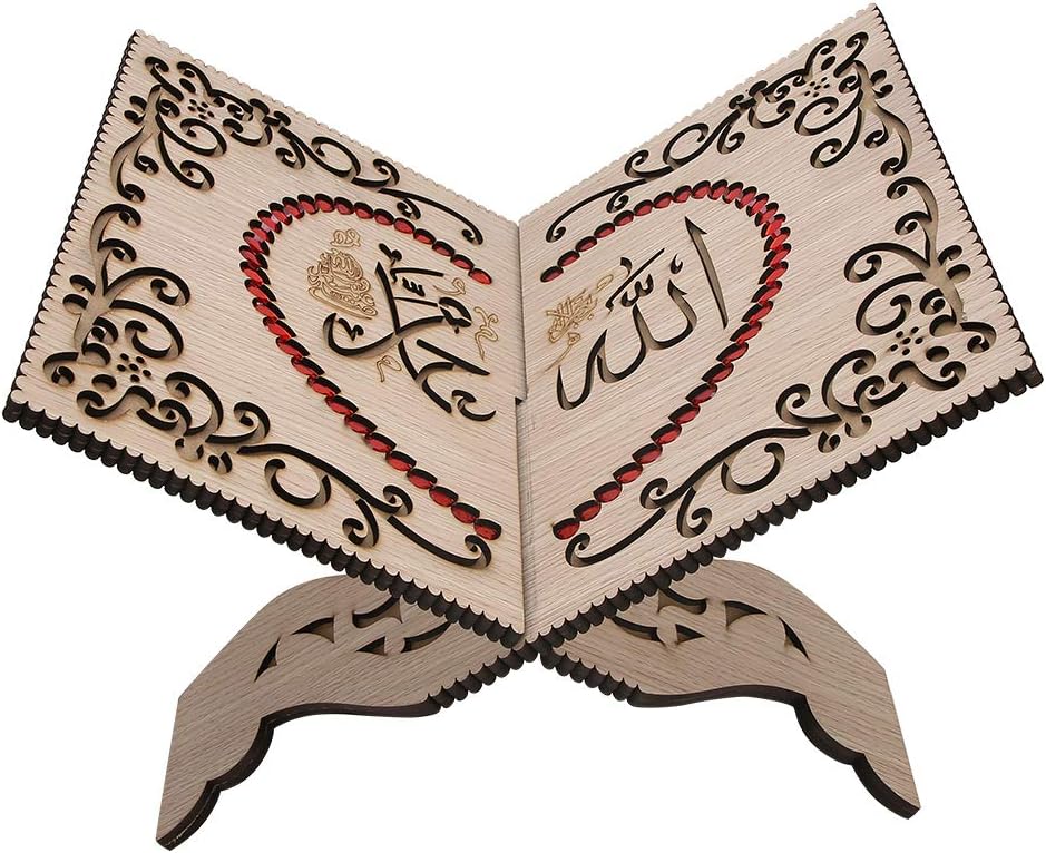Soporte retro de madera para tallar el Corán, soporte para decoración del Corán, estante de libros de diamantes de imitación rojos para decoración