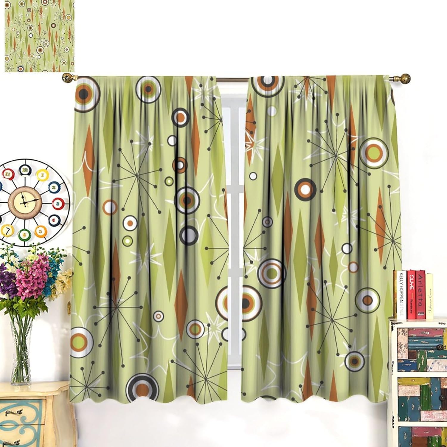 JESTRONRY Cortinas de mediados de siglo, estilo vintage de los años 50, diseño atómico retro moderno, con bolsillo para barra, cortinas opacas para