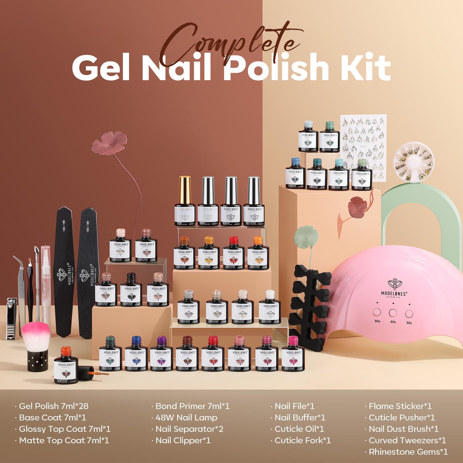 Modelones Kit de manicura de esmalte de uñas de gel con kit de iniciación de luz UV, 28 colores de otoño e invierno, juego de gel de uñas sin