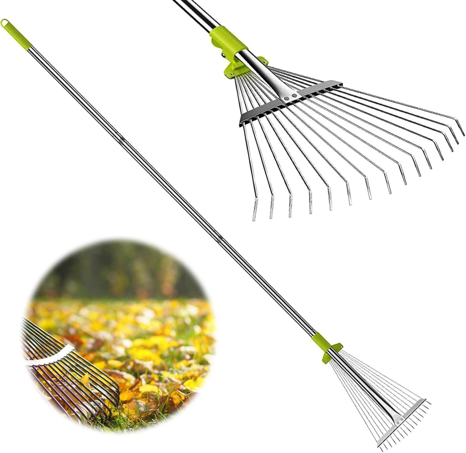 Rastrillo de hojas de jardín, rastrillos de metal para césped resistente, rastrillo de hojas ajustable de 30 a 60 pulgadas para patio, campamento,