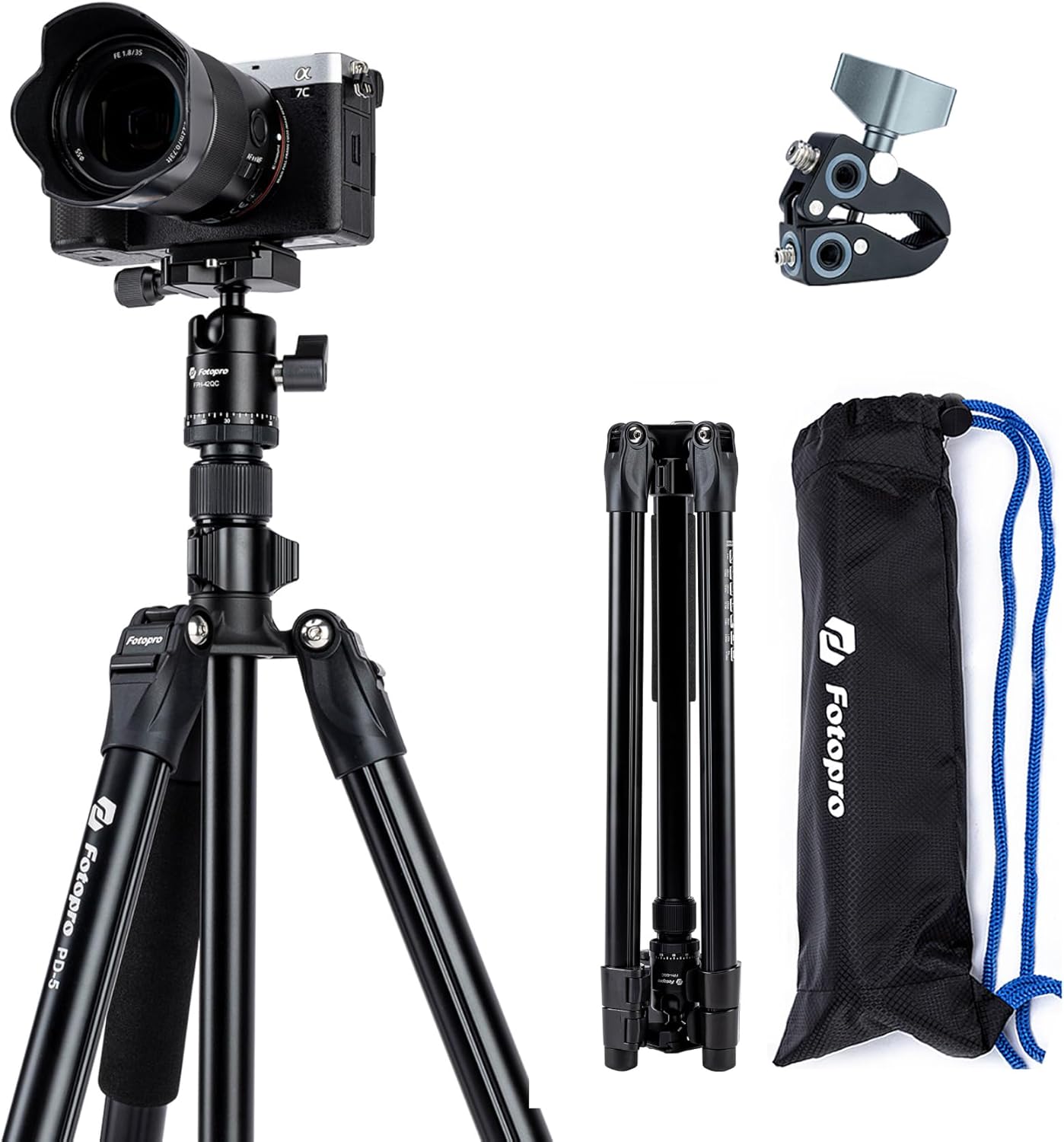 Fotopro Trípode de viaje de 73 pulgadas, trípode ligero para cámara de carbono con cabezal de bola de 360, placa QR para videocámara DSLR, carga