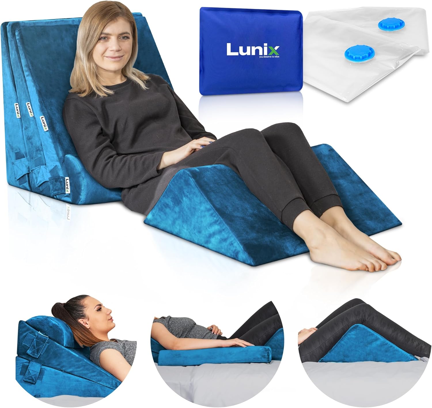 Lunix Juego de 5 almohadas ortopédicas de cuña para cama, espuma viscoelástica poscirugía para aliviar el dolor de espalda, piernas y rodillas,