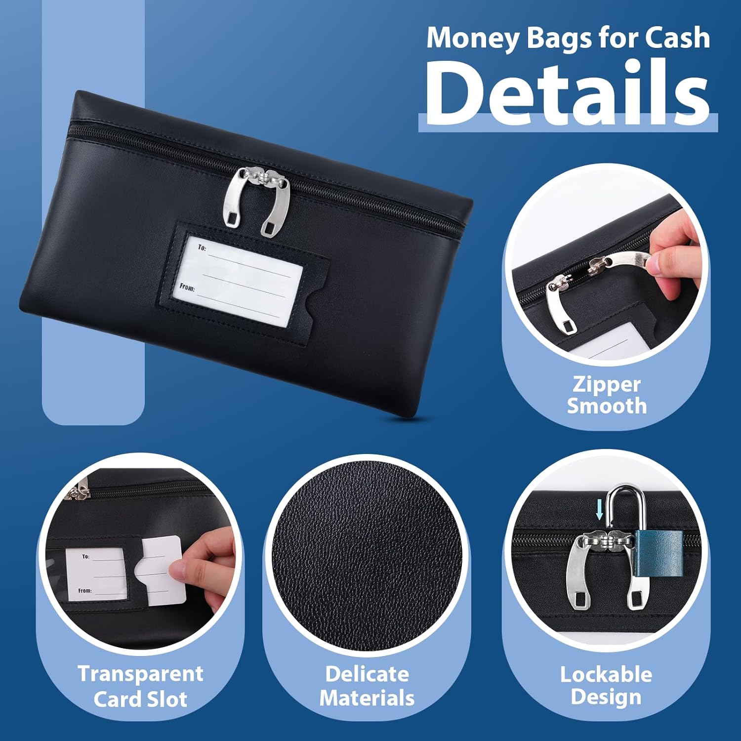 Paquete de 4 bolsas de dinero con cremallera para efectivo, bolsa de dinero con agujero de bloqueo de seguridad, bolsas de depósito impermeables de