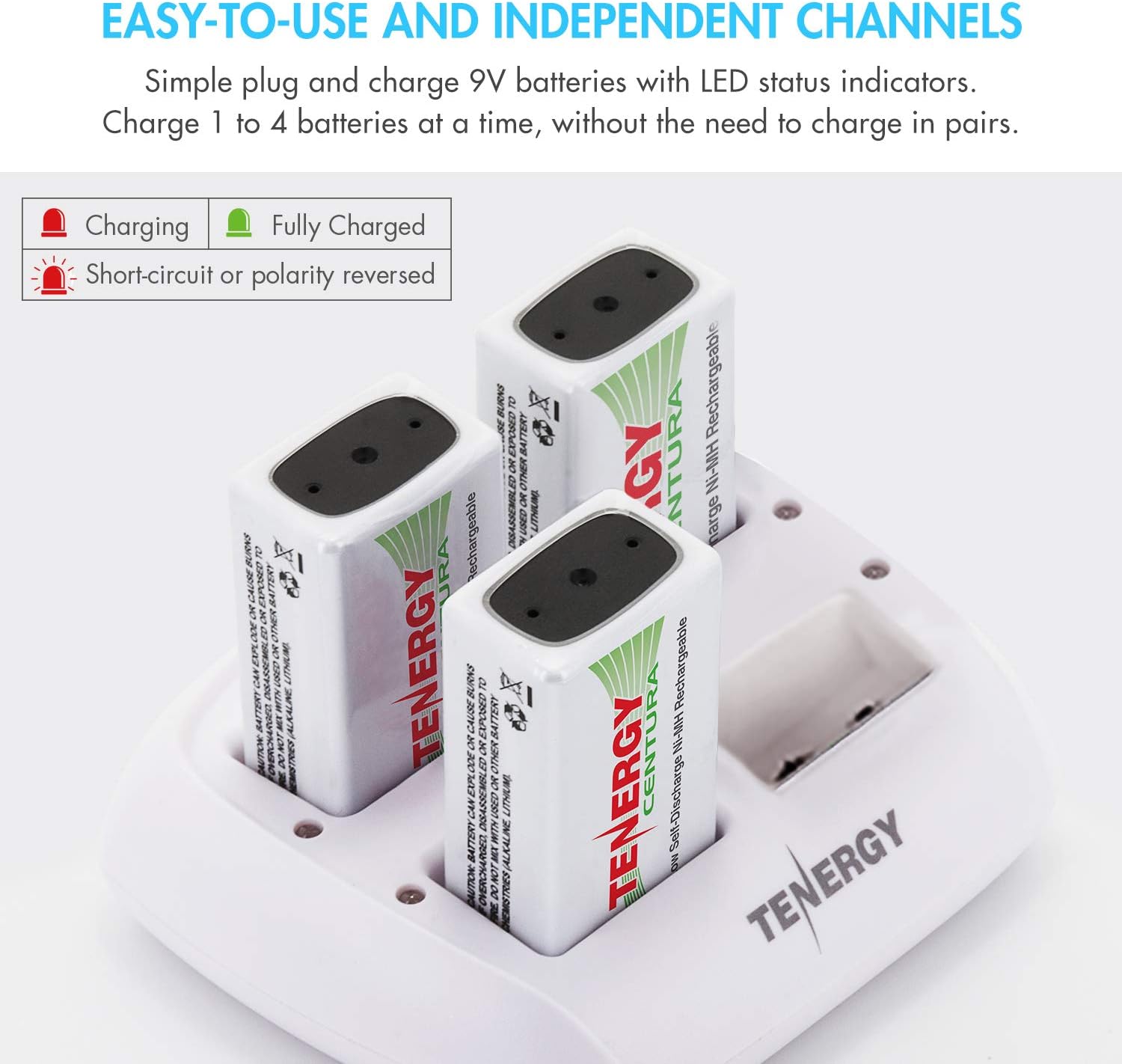 Tenergy TN136 9V Cargador de batería 4 ranuras con 200mAh Centura (LSD) 4 unids NiMH baterías recargables 9V para sistema de alarma detector de humo