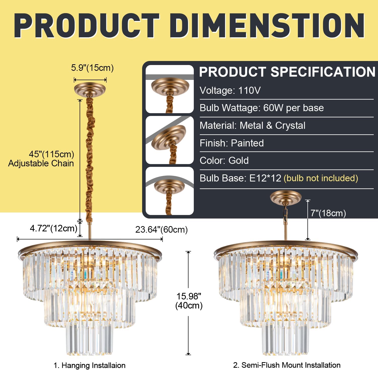 Candelabro colgante de cristal moderno dorado de 23.64 pulgadas, 12 luces, lámpara colgante de 3 niveles, iluminación colgante de cristal para sala