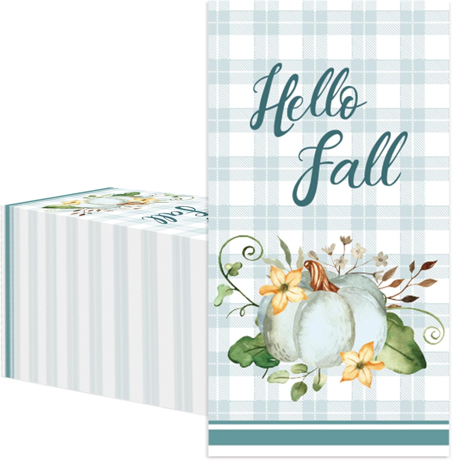 Paquete de 100 toallas de mano de papel desechables de color azul con texto en inglés Hello Fall, suministros de fiesta de calabaza, a cuadros,