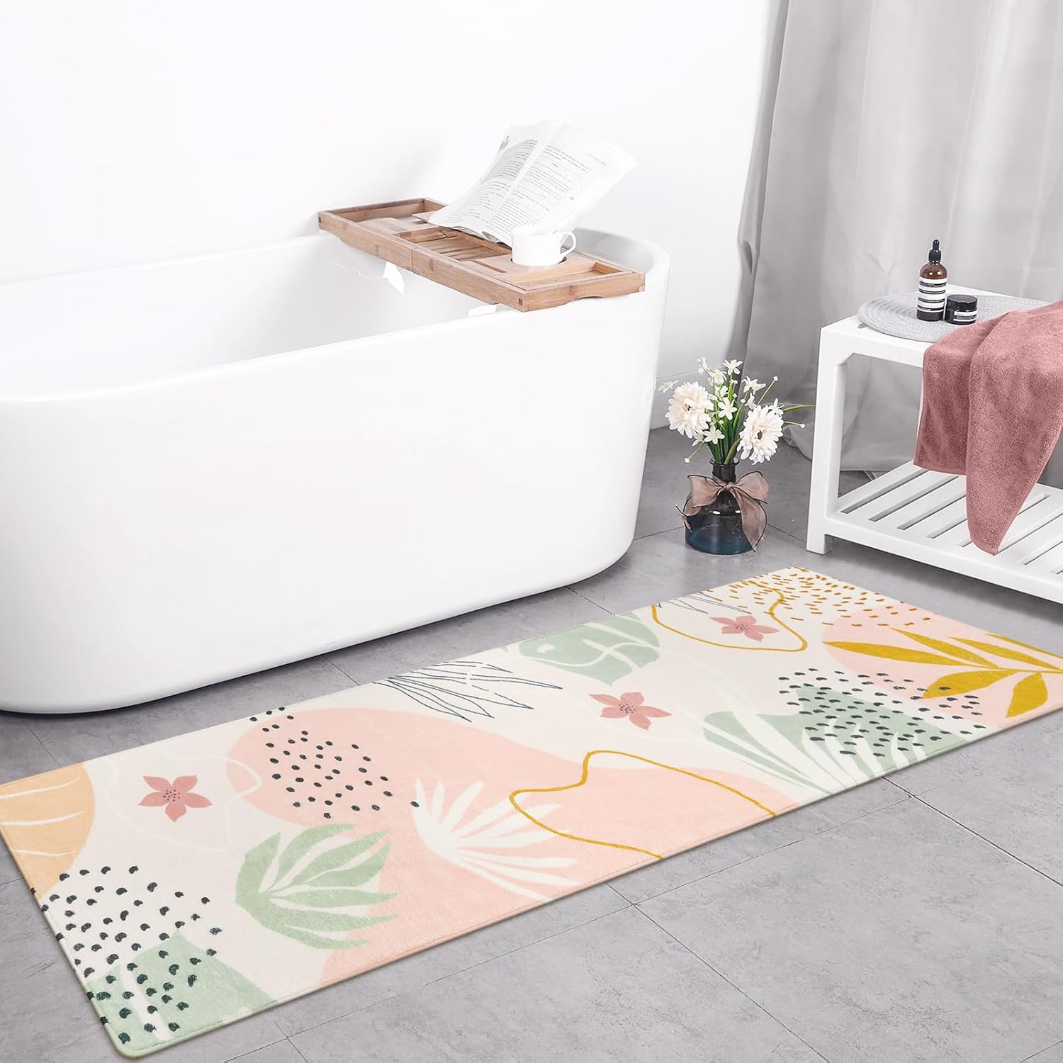 Lahome Alfombra de pasillo rosa de 2 x 7 pies, antideslizante, lavable, alfombra de baño, ligera, antideslizante, con estampado botánico, para