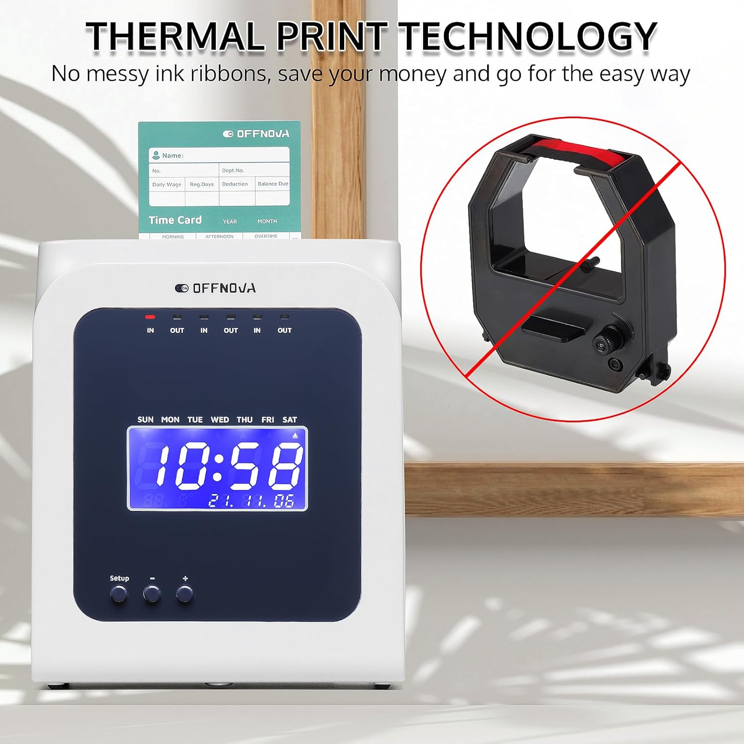 OFFNOVA Reloj térmico para empleados de pequeñas empresas, no necesita cintas de tinta ni red, máquina de asistencia de tiempo de entradasalida con