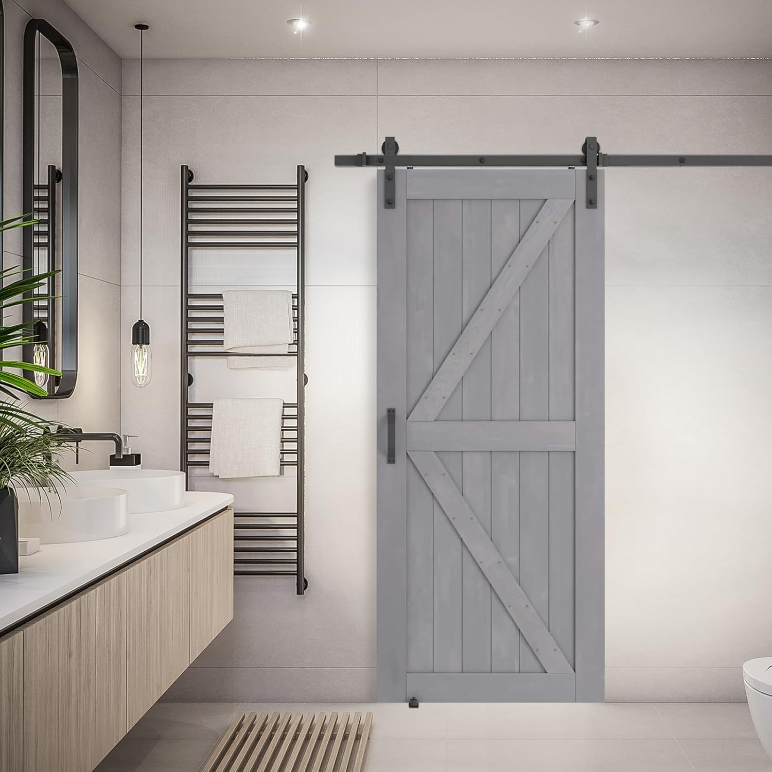 Pipleo – Puerta de granero de 303642 x 84 pulgadas con kit de herrajes para puerta de granero y asa, guía de suelo incluida, puerta corredera sin