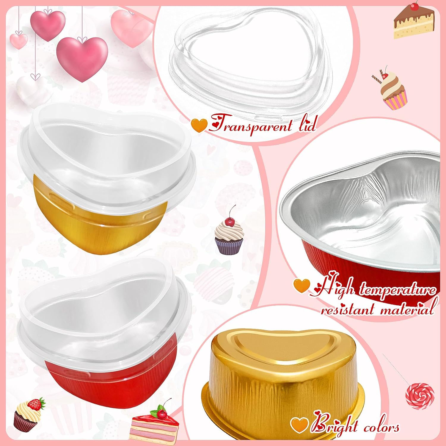 Kidum Juego de 50 sartenes de aluminio en forma de corazón de 6.8 onzas con tapas en forma de corazón, moldes desechables para cupcakes, recipientes