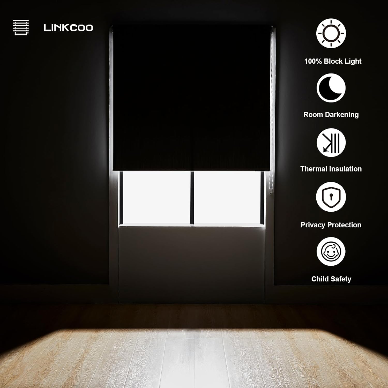 LINKCOO Persianas enrollables 100 % opacas, con tela impermeable con aislamiento térmico, con cadena, para hogar y oficina (negro, 32 pulgadas de