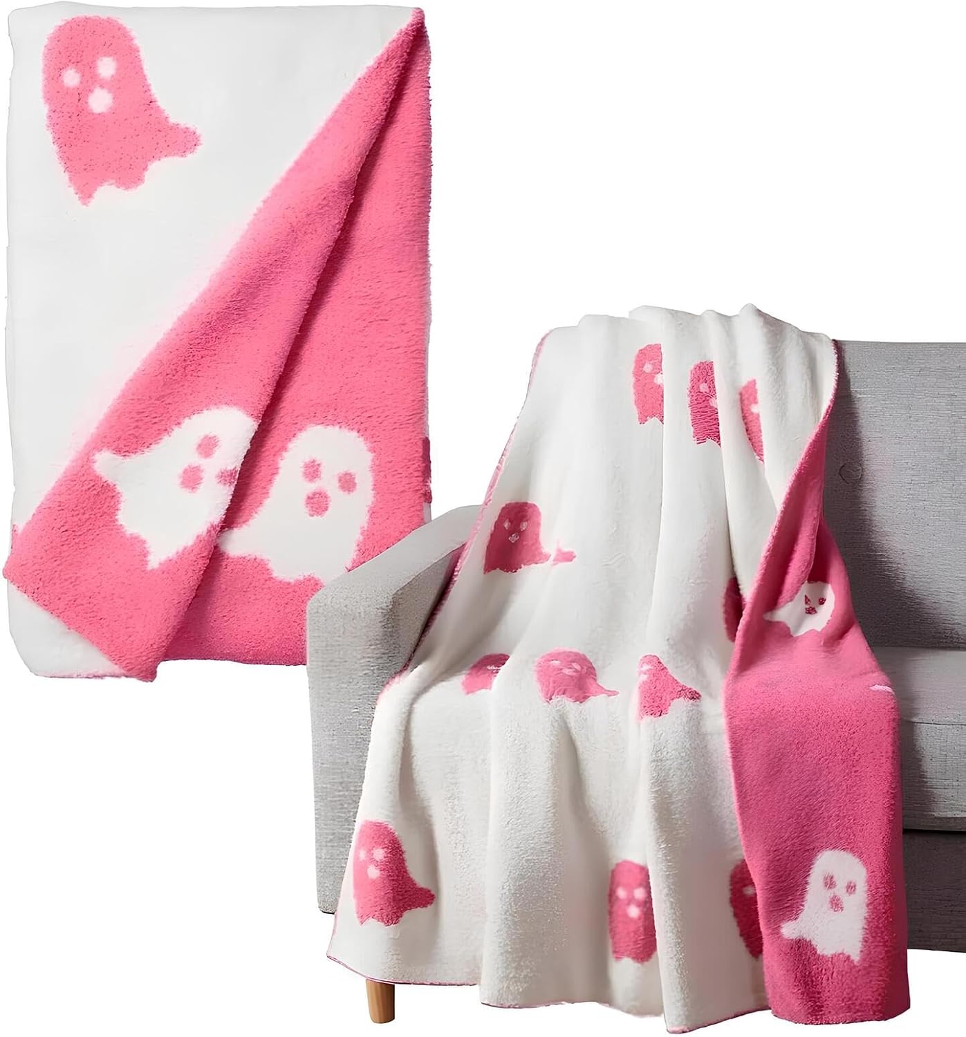 Bonita manta de fantasma rosa de Halloween súper afelpada y suave, manta de Halloween rosa para sofá, cama, manta de fantasma reversible de franela