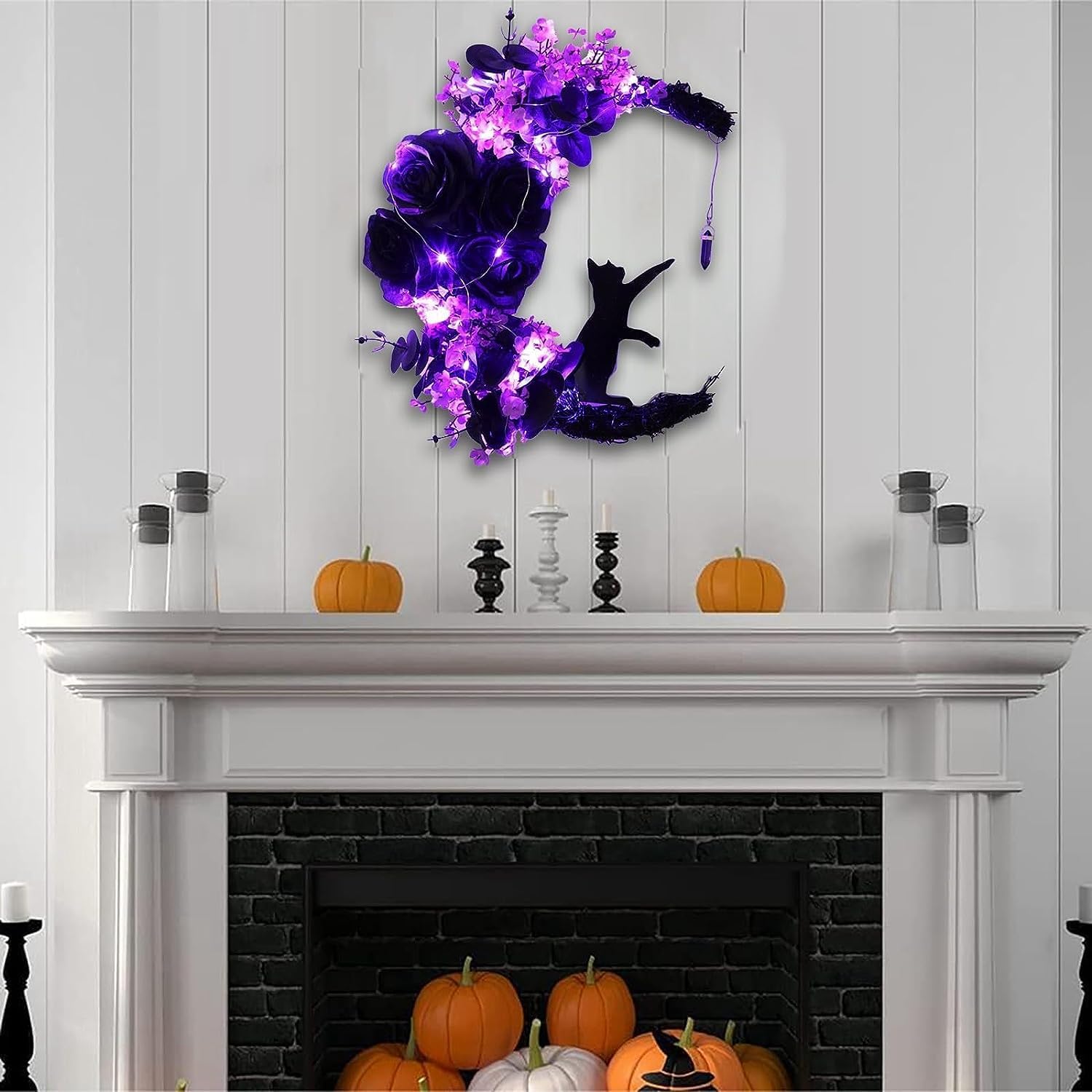 Corona de Halloween para puerta delantera, decoración de Halloween para puerta delantera, decoración de corona de luna para el hogar, dormitorio,