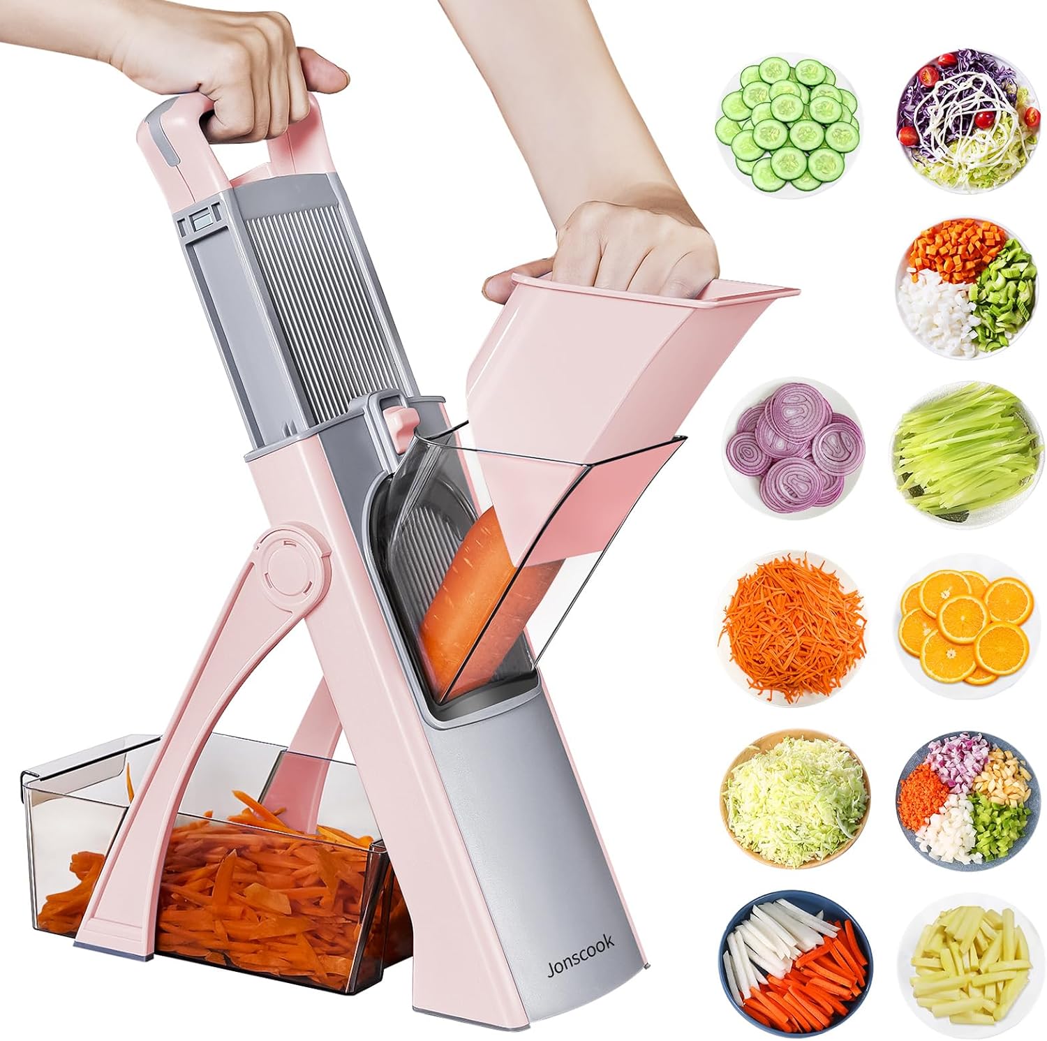 Jonscook Cortador de alimentos con mandolina segura para cocina, picadora de verduras con grosor ajustable, cortador de verduras multifuncional,