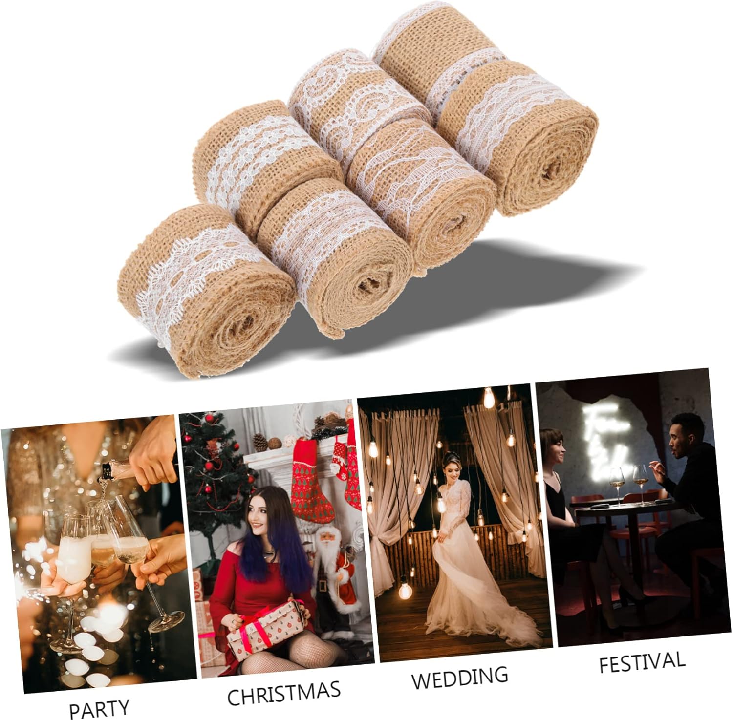 NOLITOY 7 Rolls Lace Burlap Roll Jute Lace Ribbon Wwrapping Ribbon Burlap Bow Farmhouse Ribbon for Crafts Lace Trims Tape Burlap Lace Ribbon Fabric