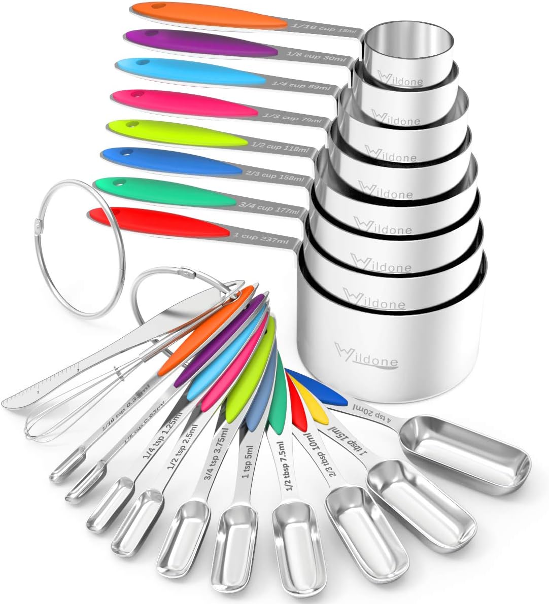 Wildone – Juego de 20 tazas y cucharas medidoras de acero inoxidable, apilables, incluye 8 tazas medidoras, 10 cucharas medidoras, 1 nivelador y 1