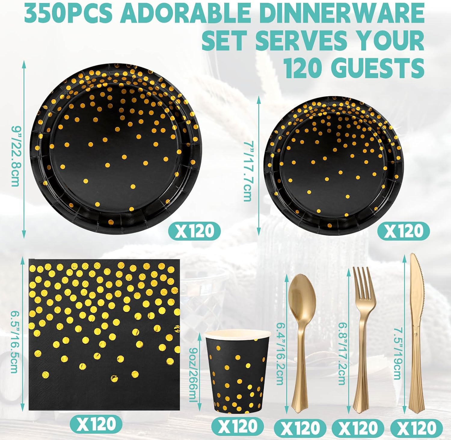 Uiifan 840 piezas de suministros de fiesta para 120 invitados, platos de papel desechables y tazas, servilletas, tenedores, cuchillos, cucharas,