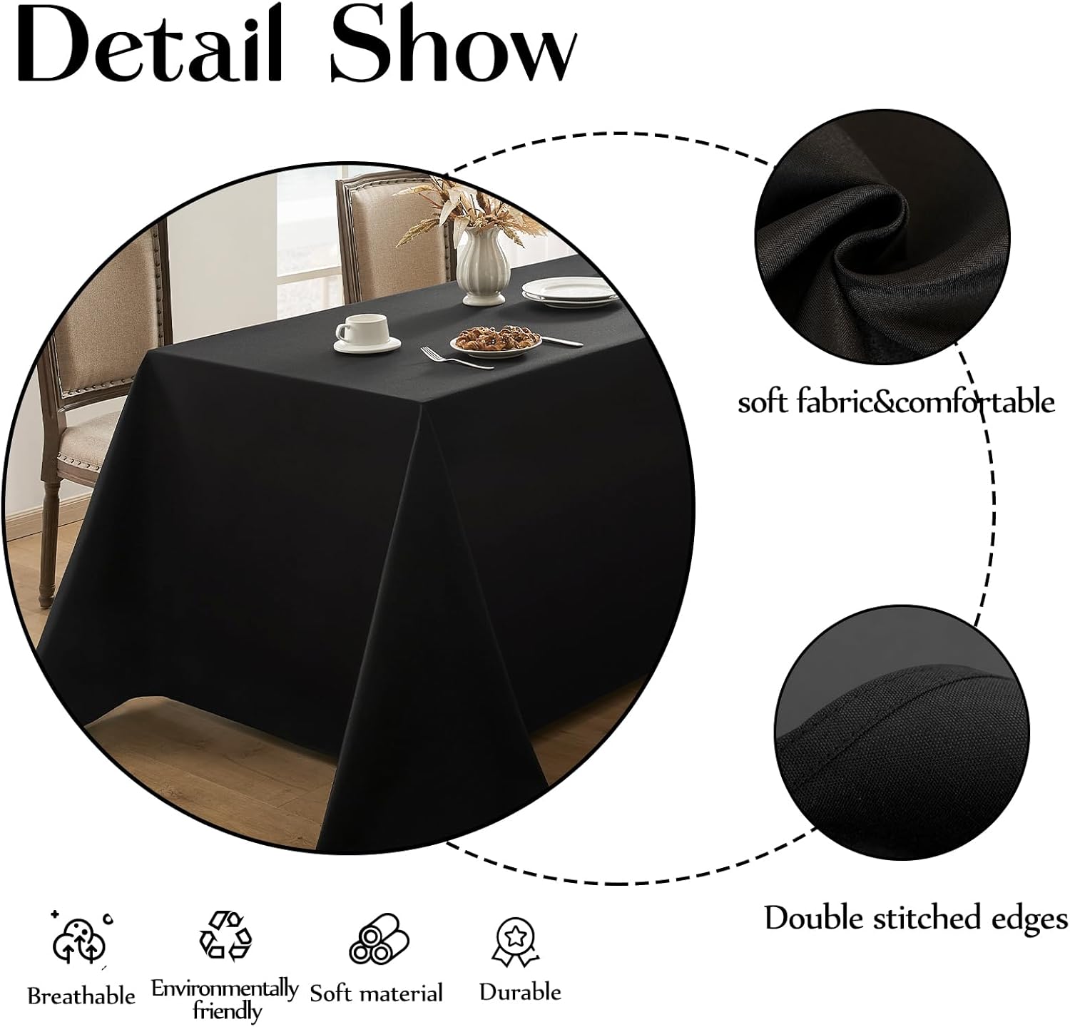 Paquete de 2 manteles rectangulares color negro, 60120 pulgadas, resistente a las manchas y lavable, mantel decorativo de poliéster para mesa de
