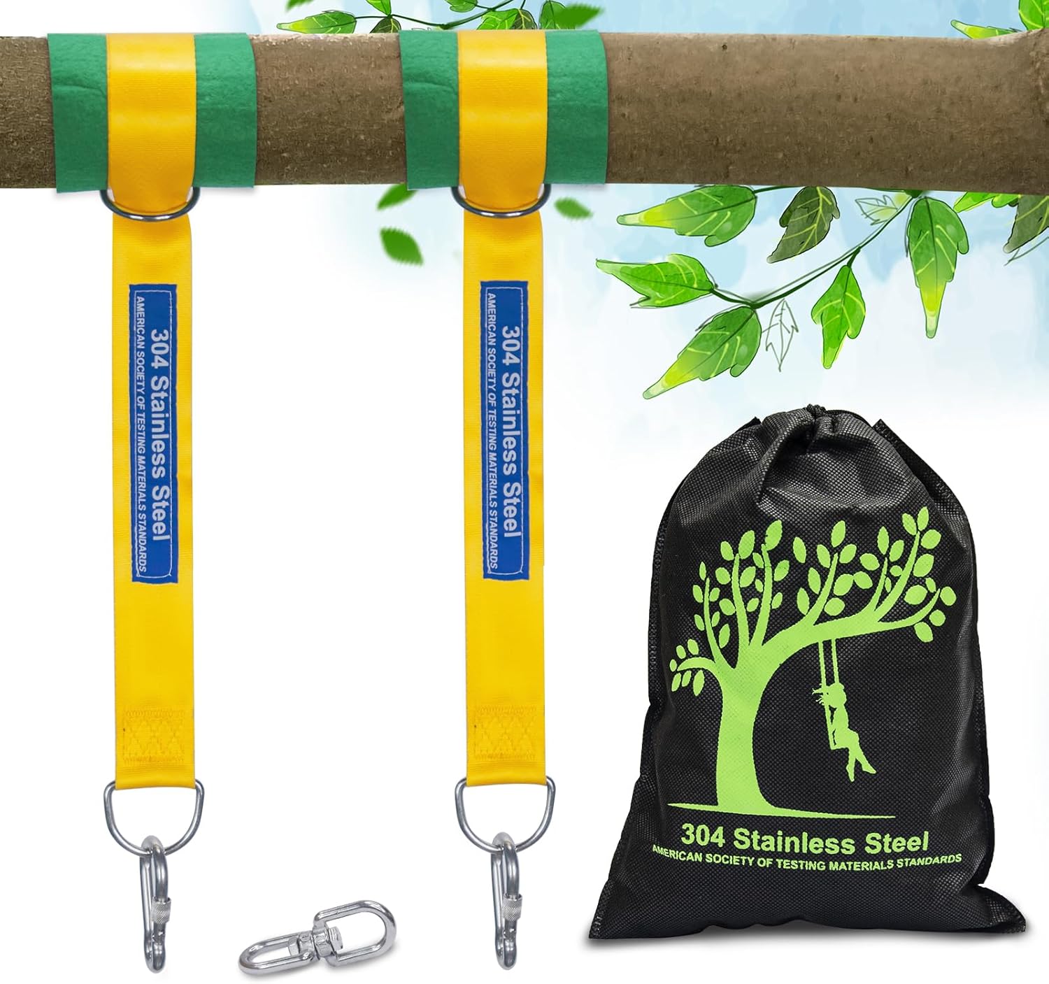 Kit de correas de columpio para árbol seguro con dos mosquetones de aleación, resistencia a la rotura de 2,200 libras, instalación fácil y rápida