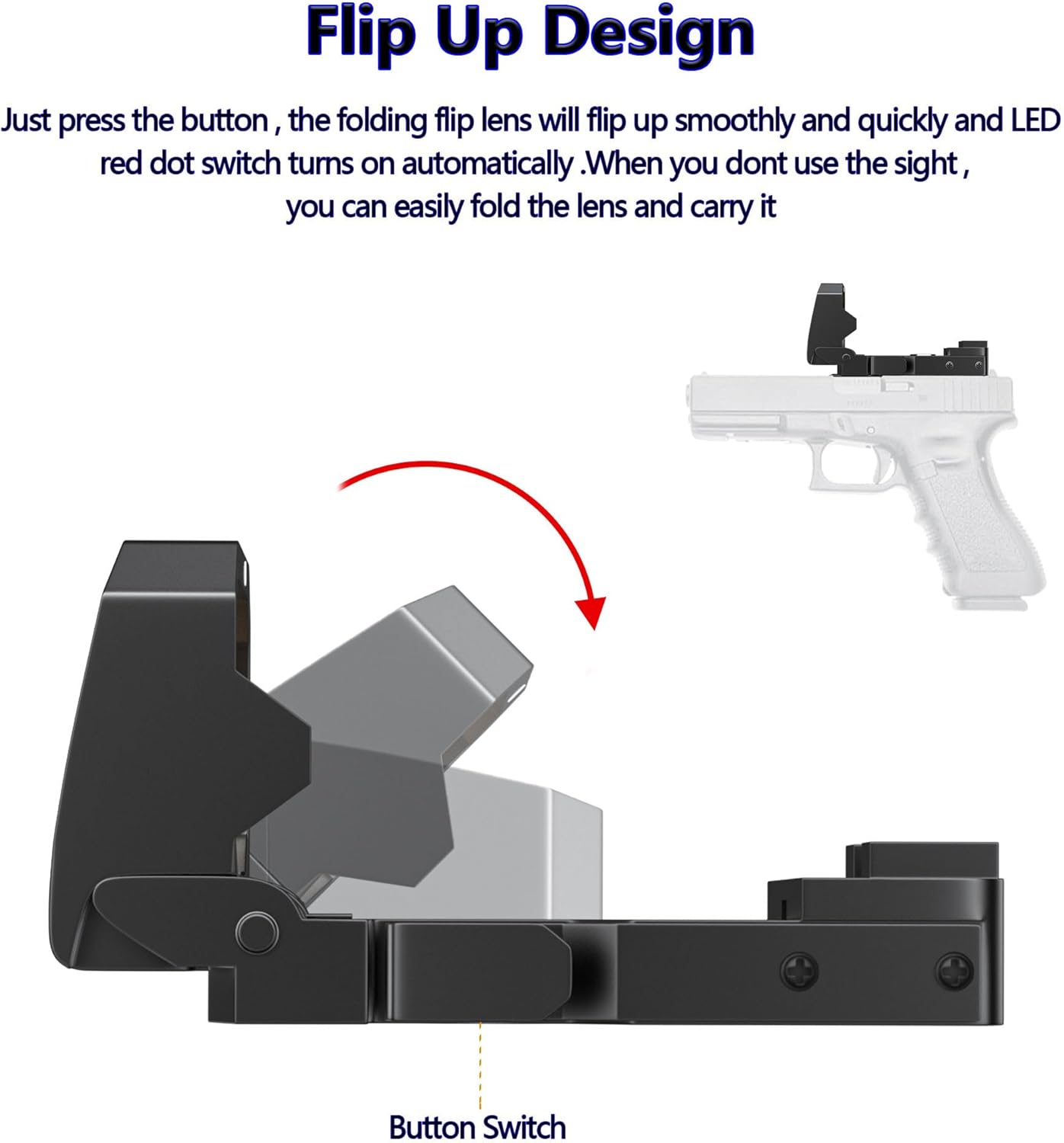 TFFUAM Mini mira plegable de punto rojo, mira refleja compacta abatible para Glock MOS, 3 MOA RMR Red Dot Gun Sight Scope con base elevada para