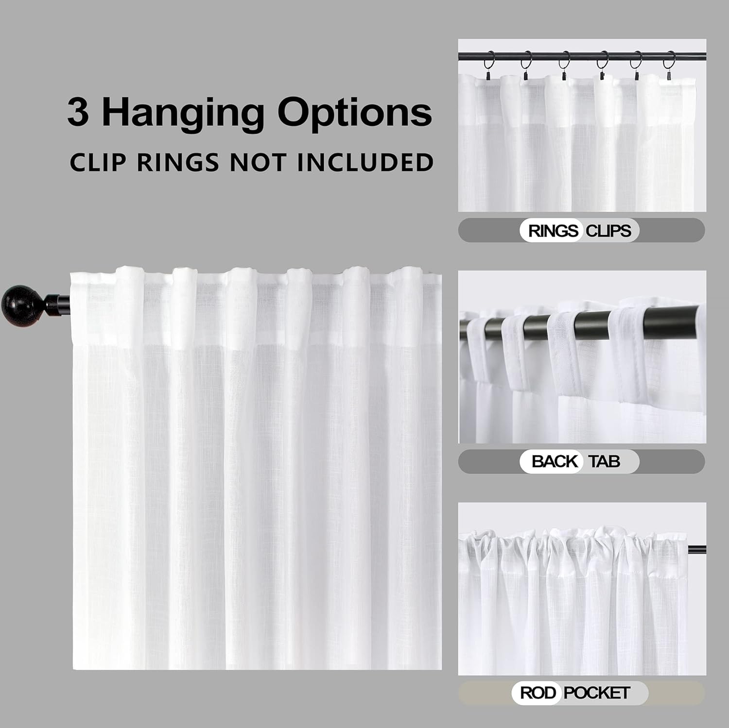 Cortinas de lino blanco de 90 pulgadas de largo para sala de estar, ligeras, decoración bohemia de granja, bolsillo para barra, pestaña trasera,