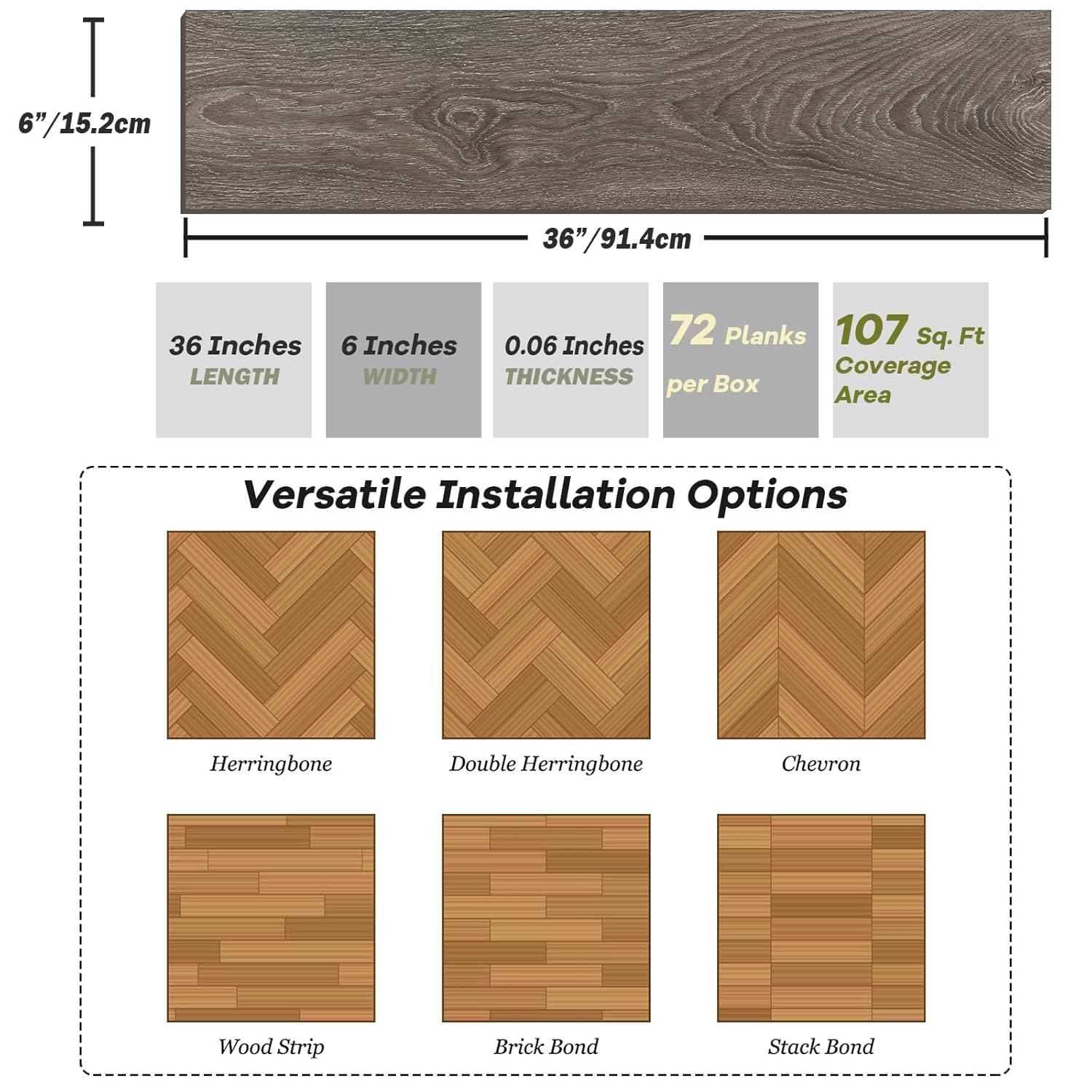 Oxdigi Azulejos de suelo de 36 x 6 x 6 x 72 paquetes108 pies cuadrados, suelo de tablones de madera grueso, autoadhesivo, impermeable, para cocina,