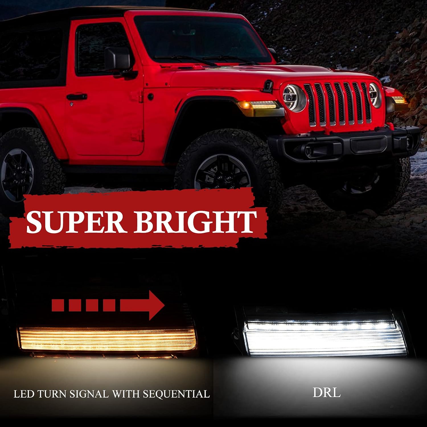 BUNKER INDUST JL Fender Flares Lights, LED intermitente secuencial intermitente con DRL compatible para Jeep Wrangler 2018 2019 2020 Sahara Rubicon